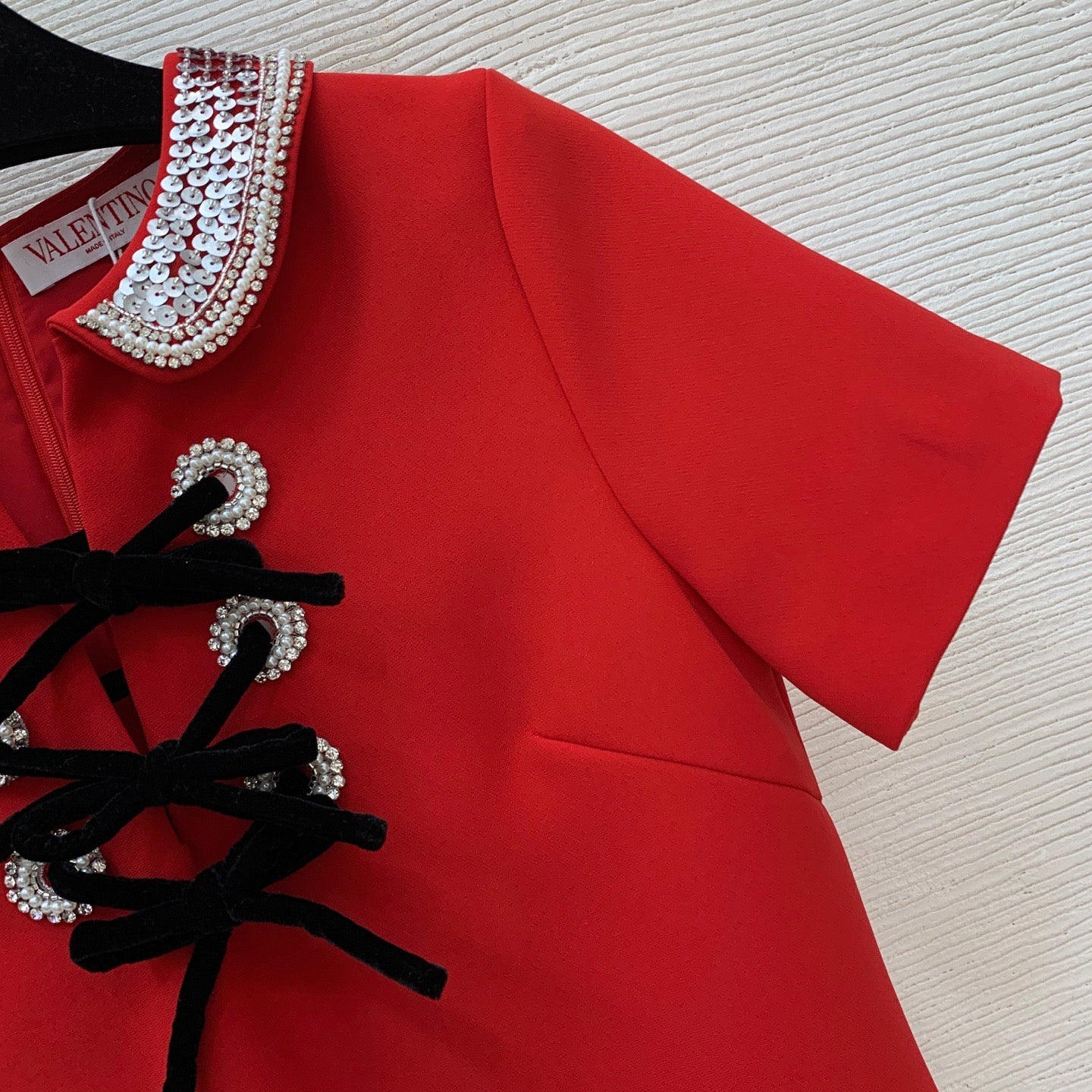 VT Embroidered Crepe Couture Short Dress Red Wool Silk