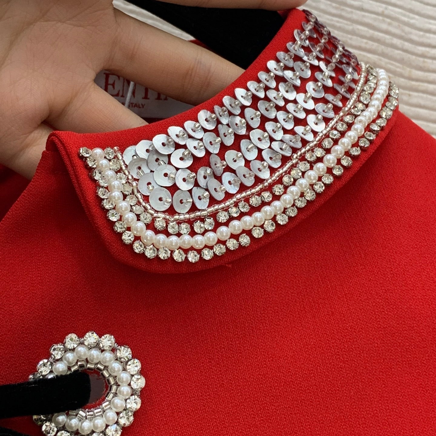 VT Embroidered Crepe Couture Short Dress Red Wool Silk