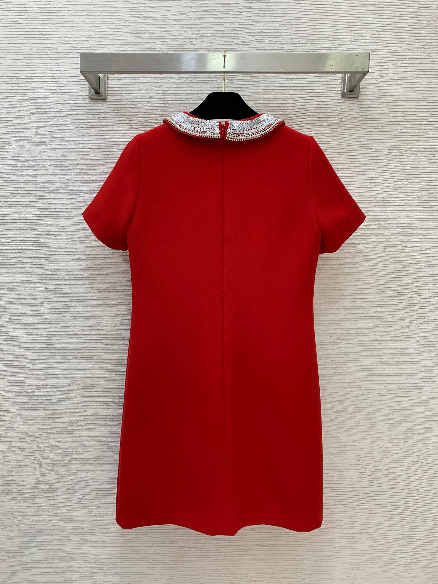 VT Embroidered Crepe Couture Short Dress Red Wool Silk