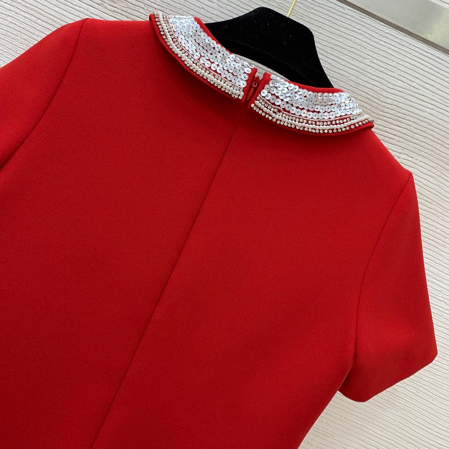 VT Embroidered Crepe Couture Short Dress Red Wool Silk
