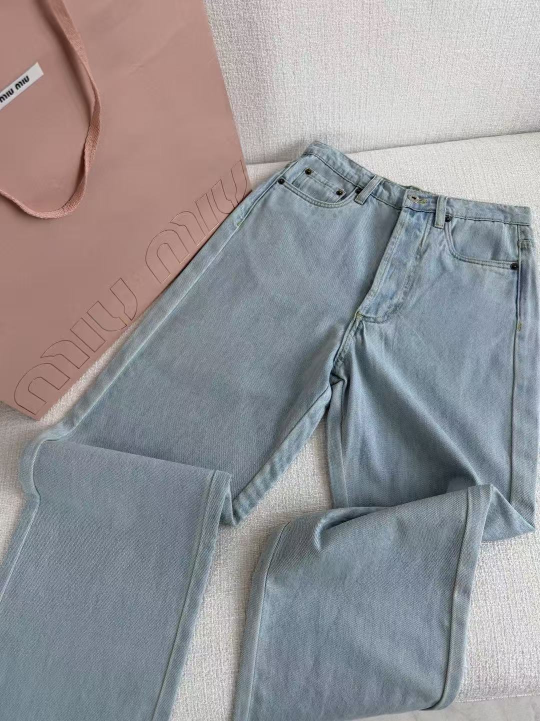 Miu Chambray Trousers Light Blue Faded Effect Cotton