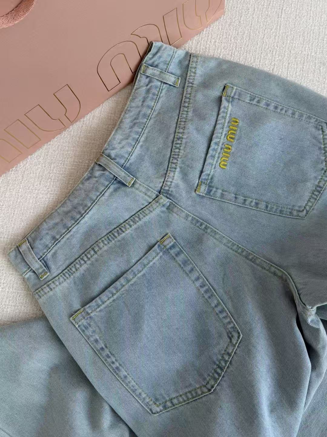 Miu Chambray Trousers Light Blue Faded Effect Cotton