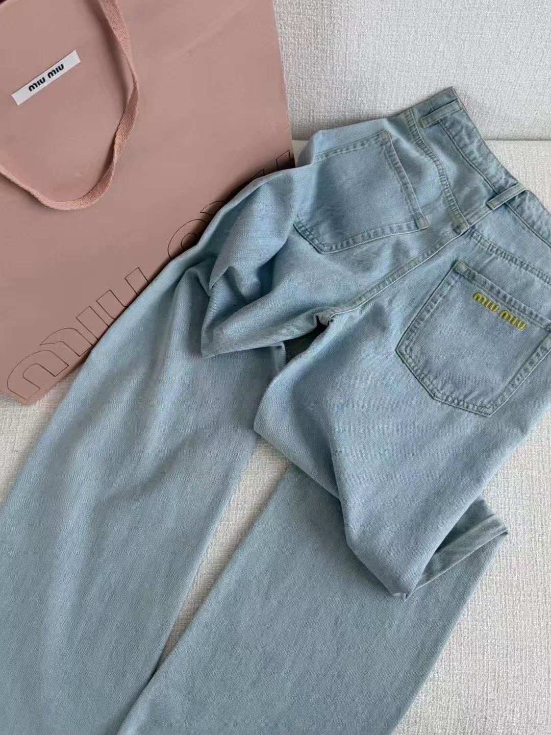 Miu Chambray Trousers Light Blue Faded Effect Cotton