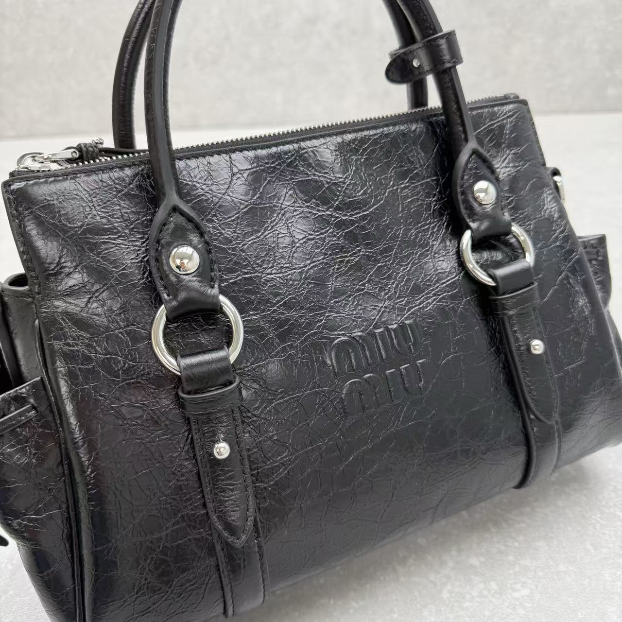 Miu Retro Rope Motorcycle Bag Black Leather