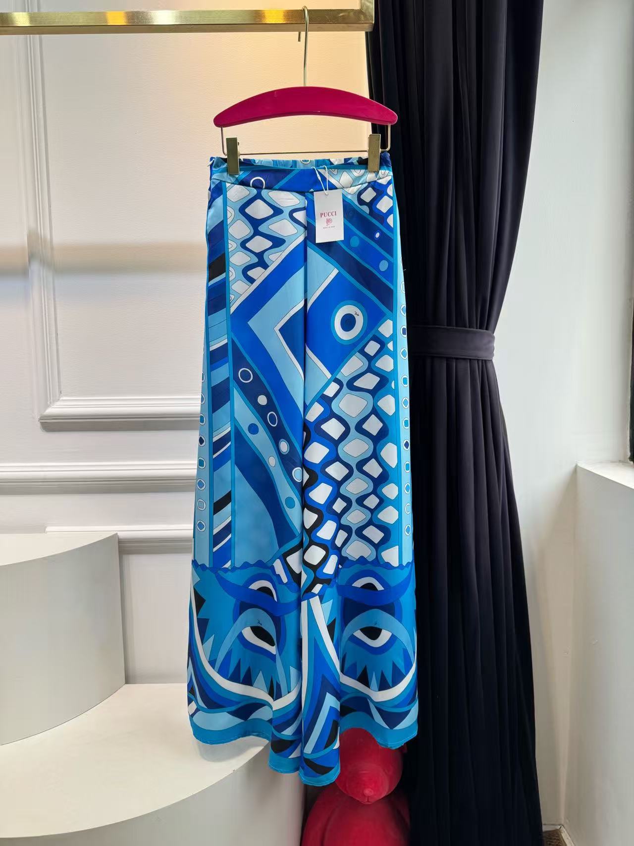 Pucci Vivara Print High-Rise Wide-Leg Pants Blue Silk