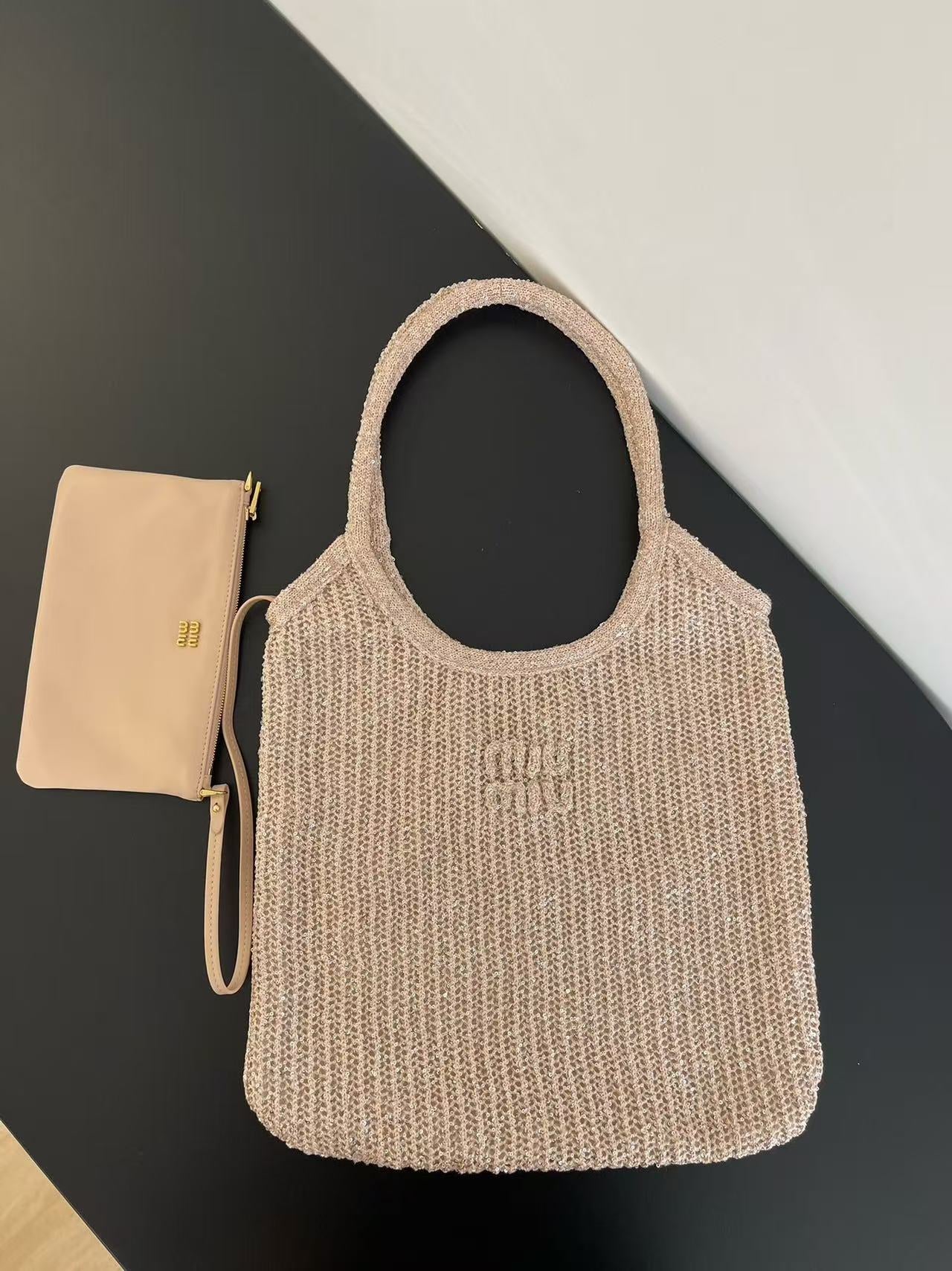 Miumiu Ivy Tote Bag 40 Beige Sequin Mesh