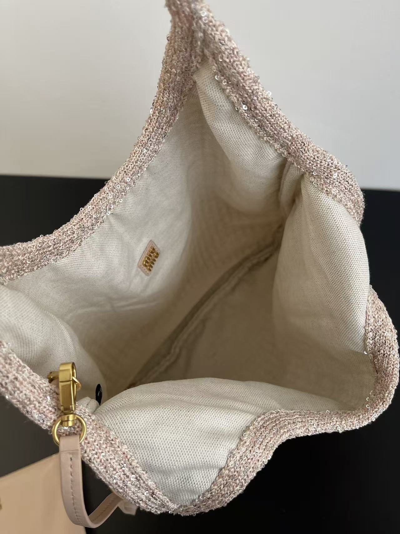 Miumiu Ivy Tote Bag 40 Beige Sequin Mesh