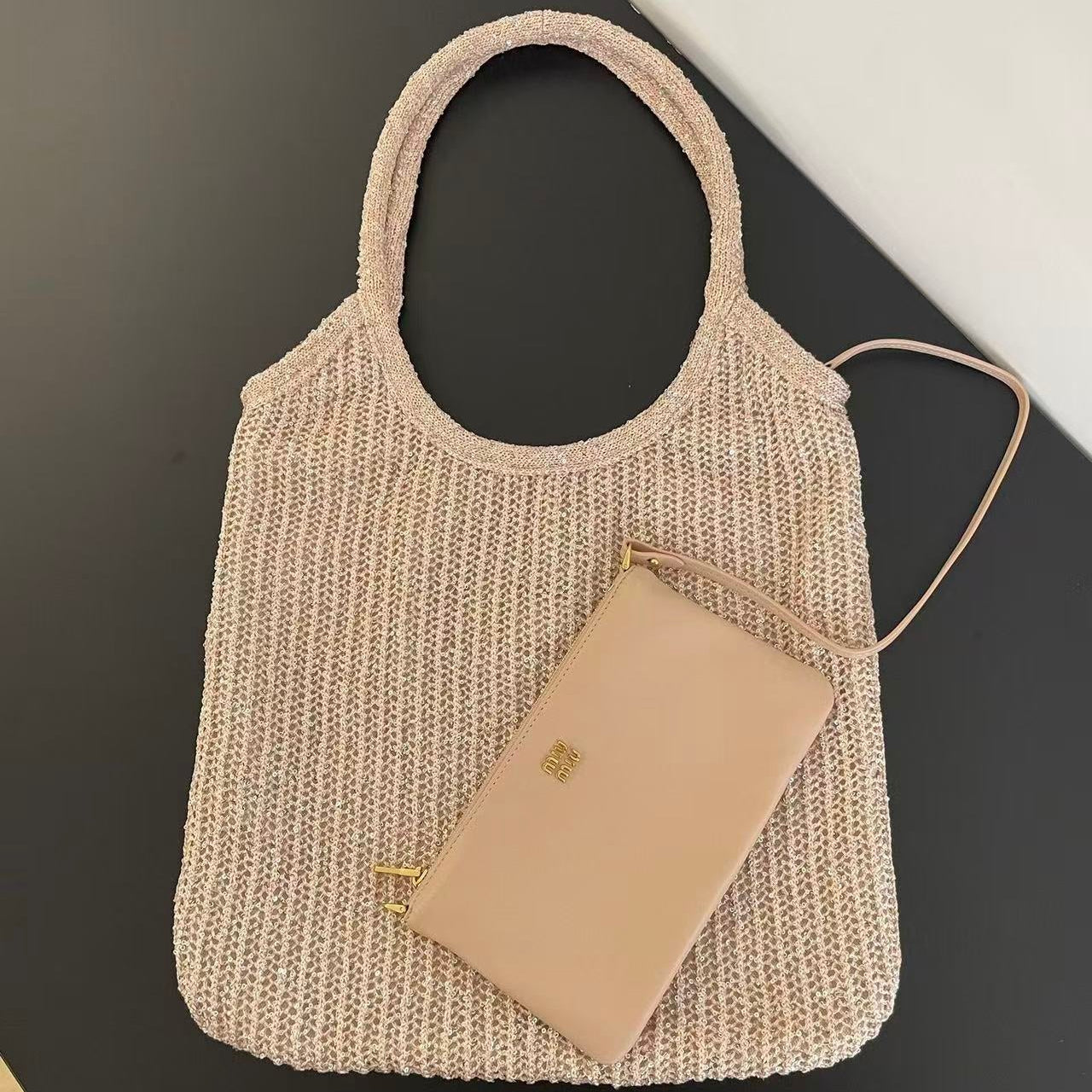 Miumiu Ivy Tote Bag 40 Beige Sequin Mesh