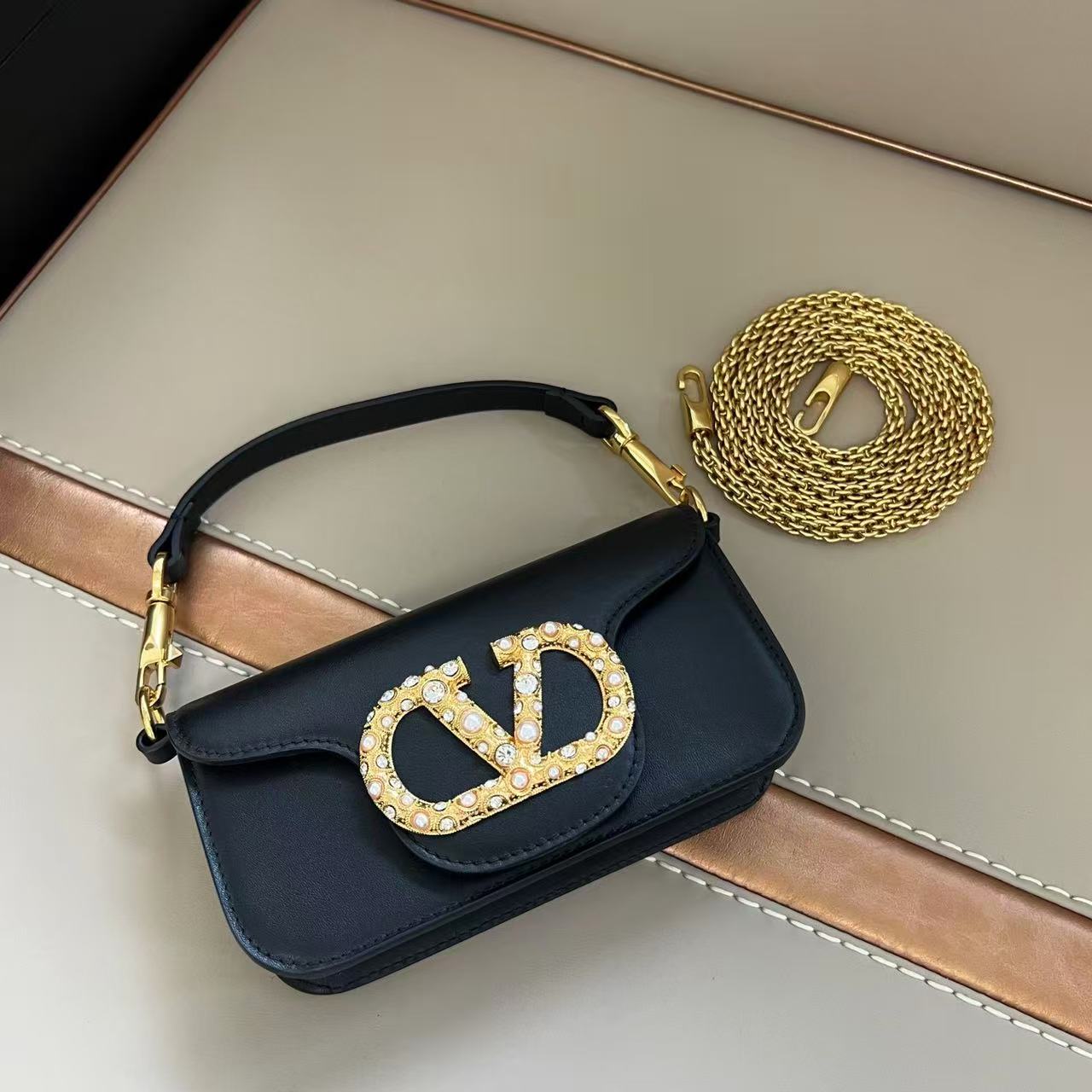 VLTN Small Locò Shoulder Bag Black Calfskin & Crystal