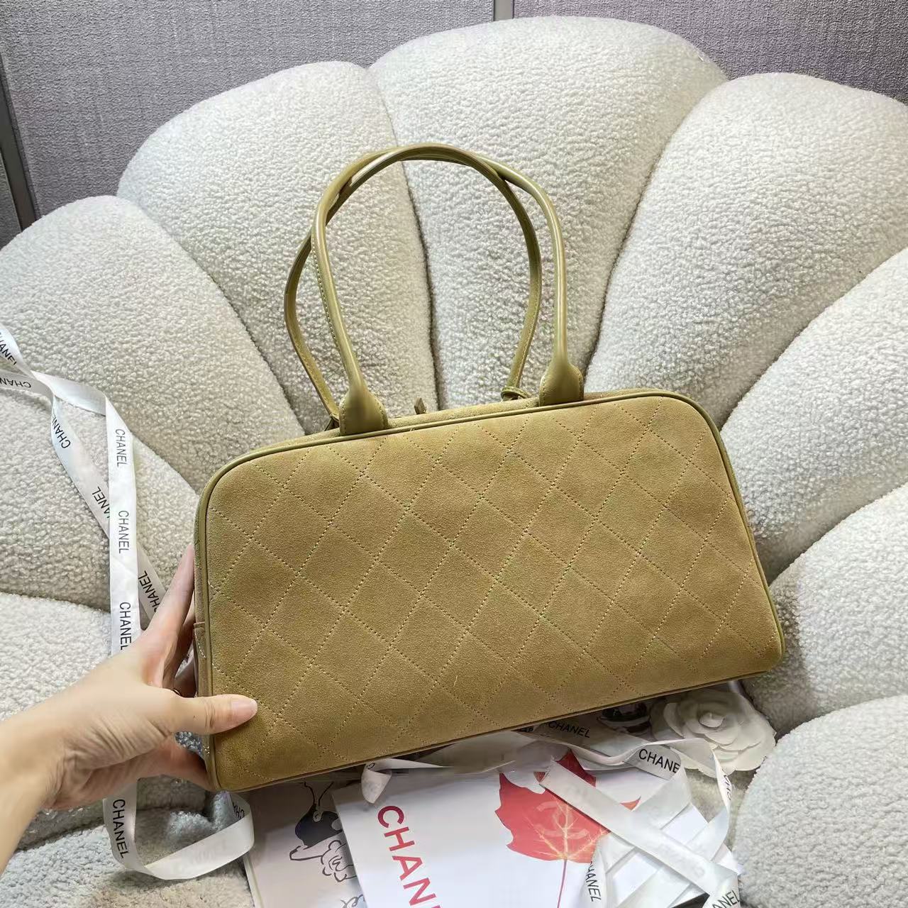 CC Large Bowling Bag 35.5cm Dark Beige Calfskin