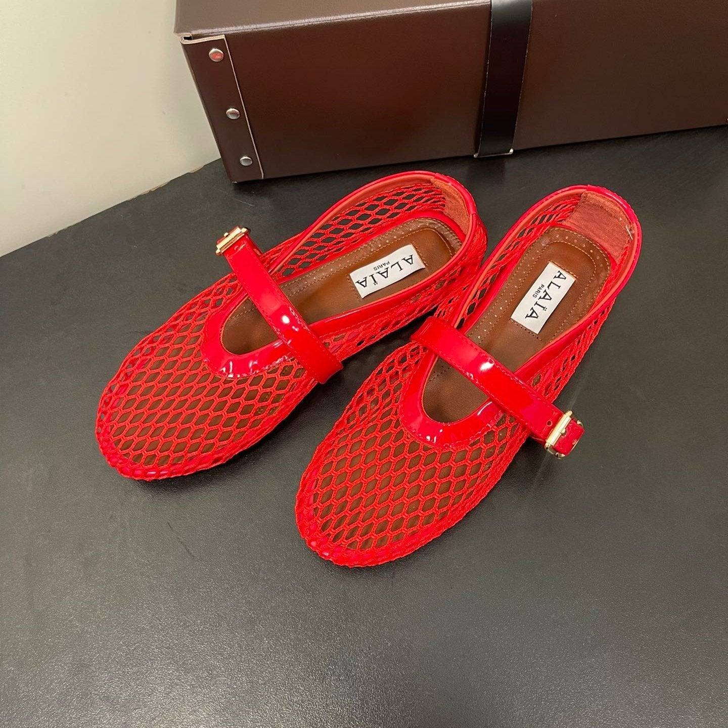 Alaia 26s Laminated Fishnet Ballet Flats Red Mesh Patent Leather