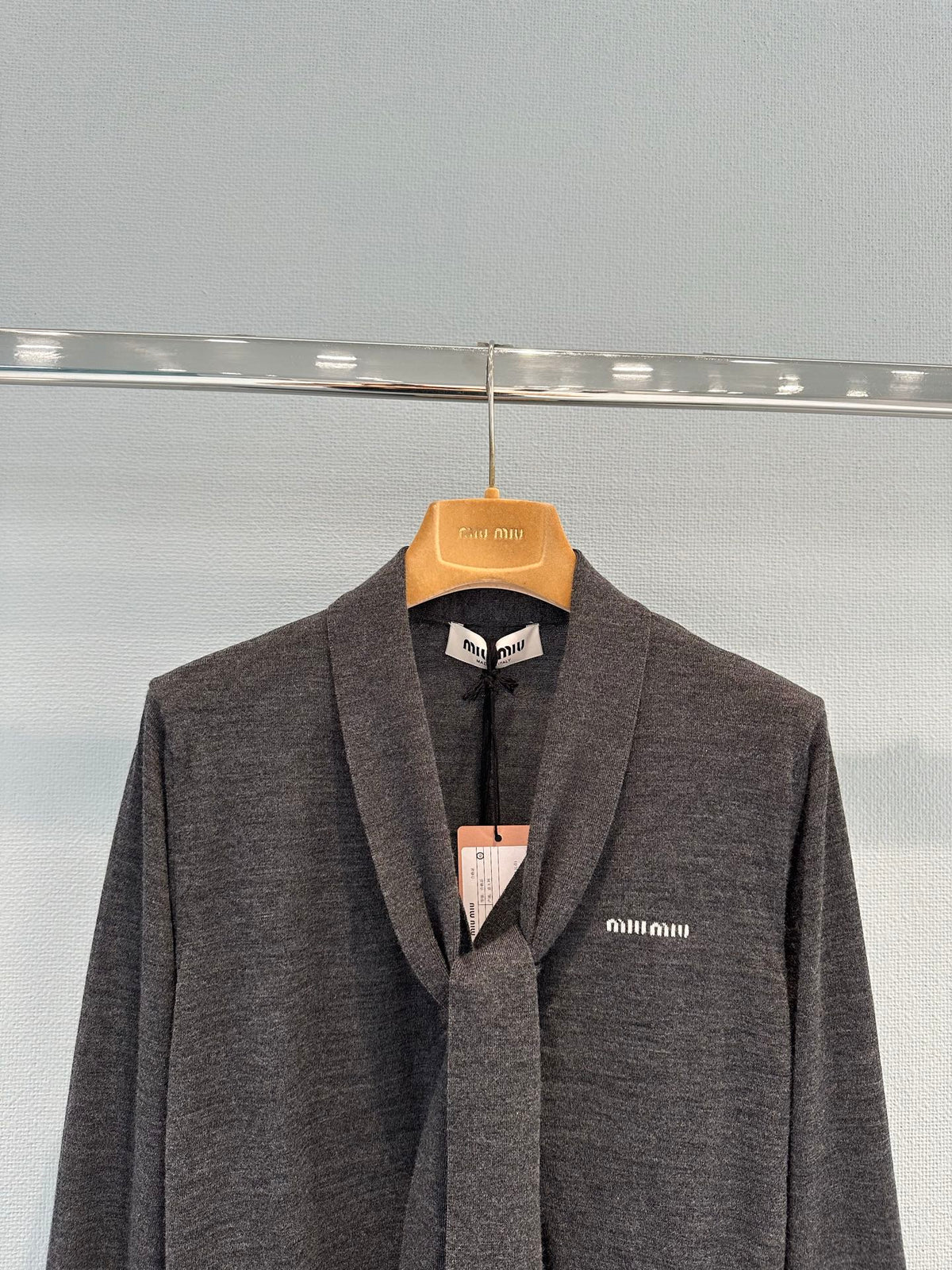 Miu Cardigan With Neck Scarf Anthracite Gray Wool