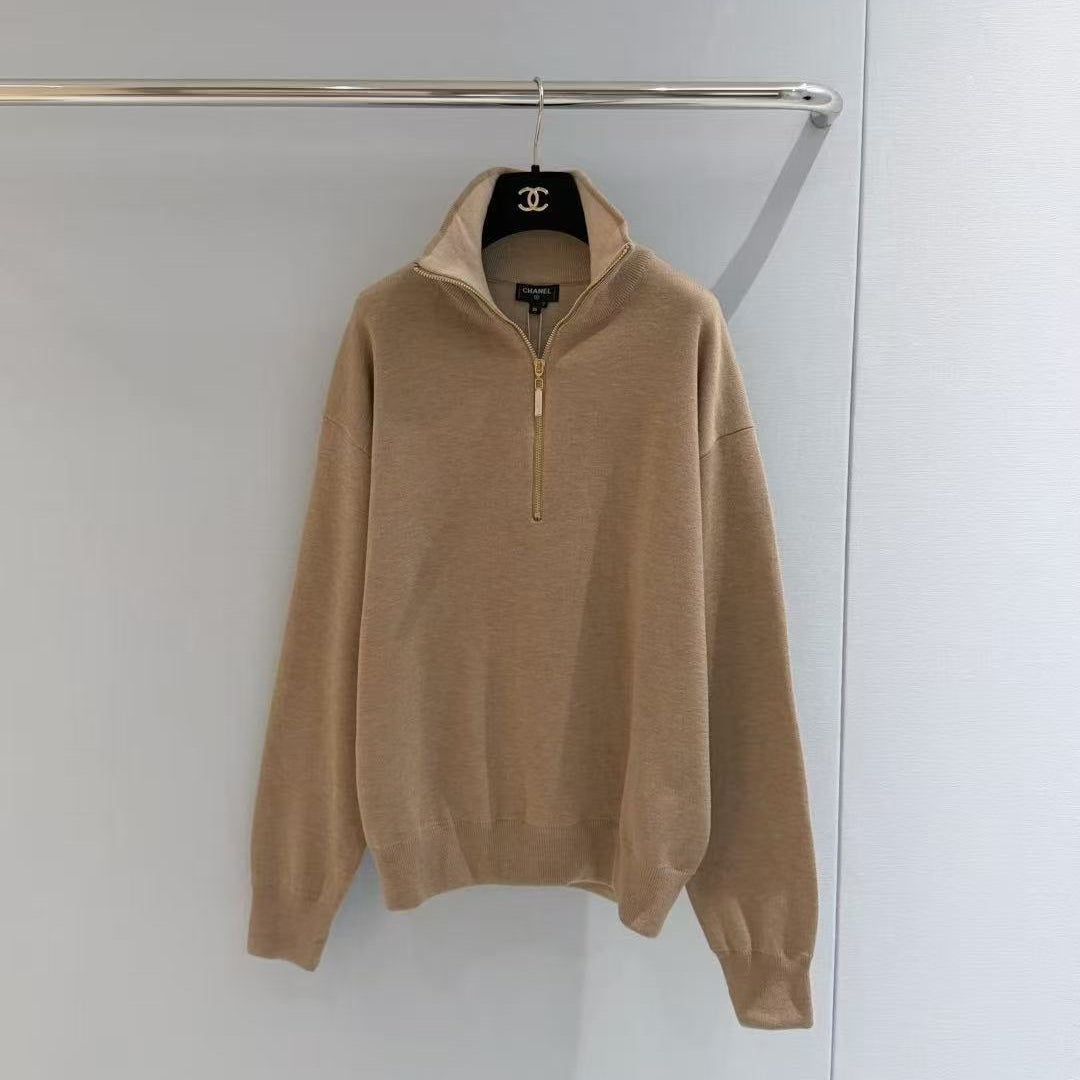 Chanel 26s Half-Zip Knit Sweater In Beige Wool