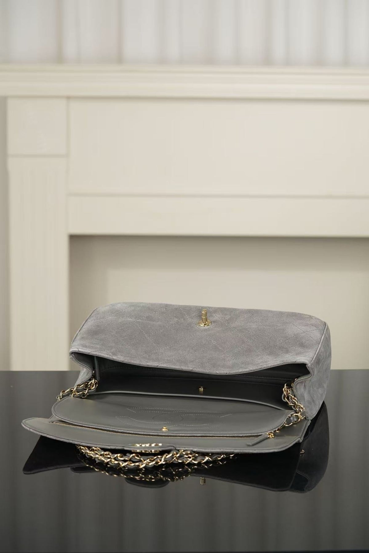 Chanel Maxi Flap Bag 32cm Grey Suede Leather