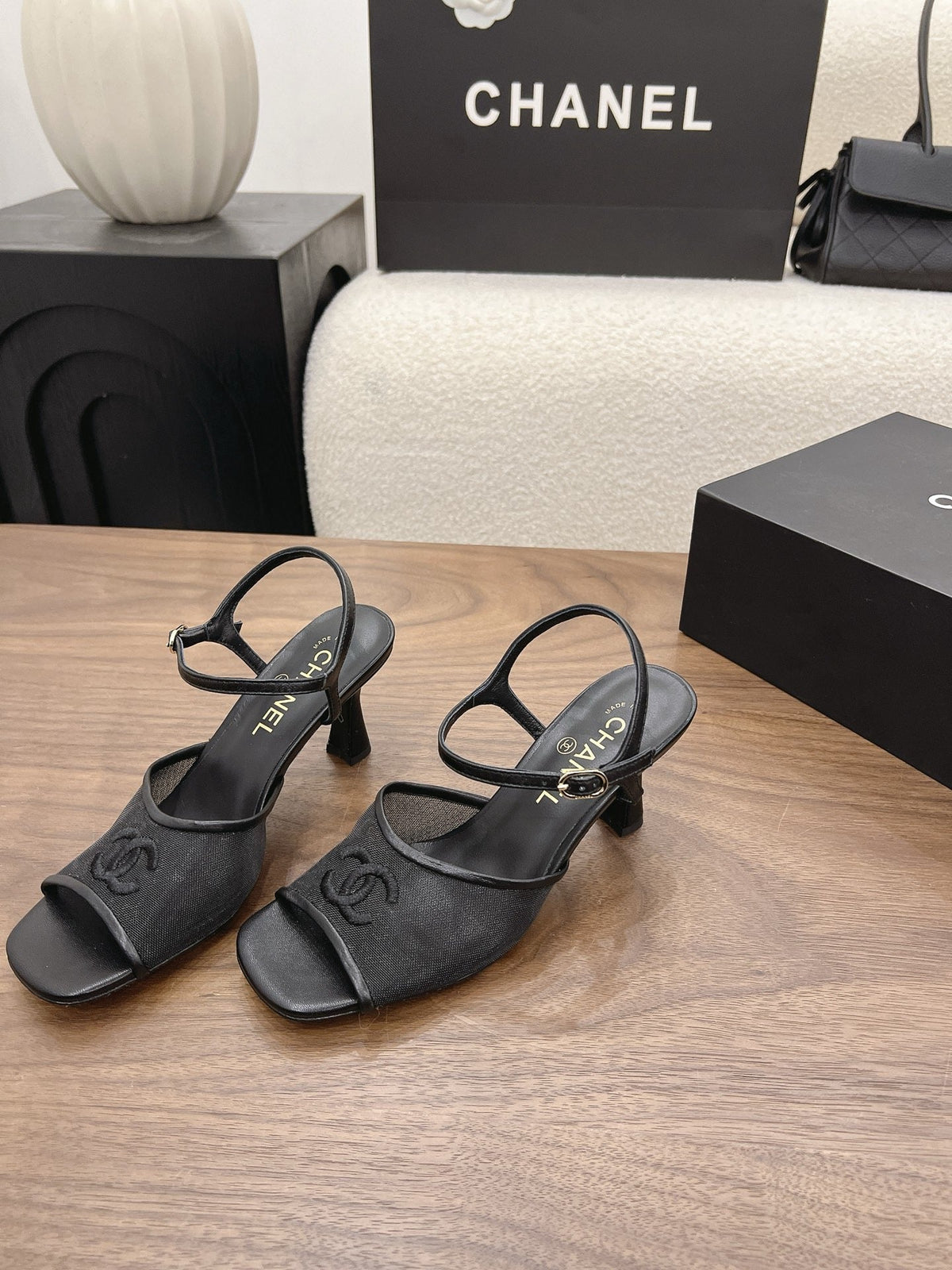 CC 26B Mesh Sandals 6.5cm Black Mesh Lambskin 120987
