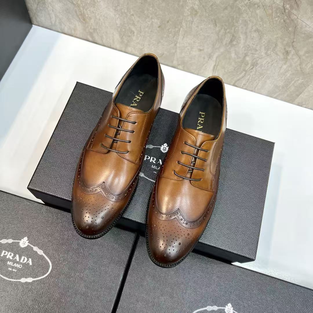 Prada 26s Wingtip Oxfords Men Loafer 2.5cm Brown Leather