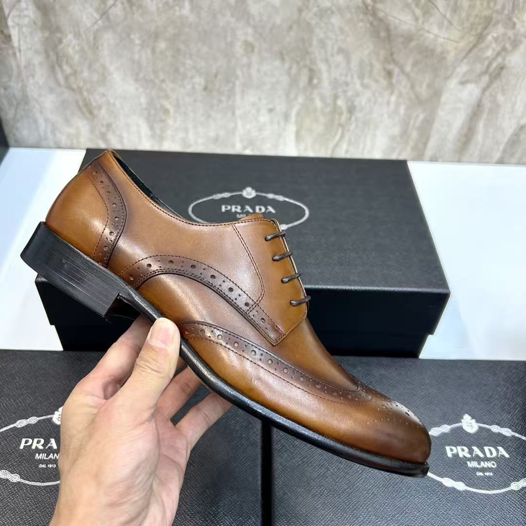 Prada 26s Wingtip Oxfords Men Loafer 2.5cm Brown Leather