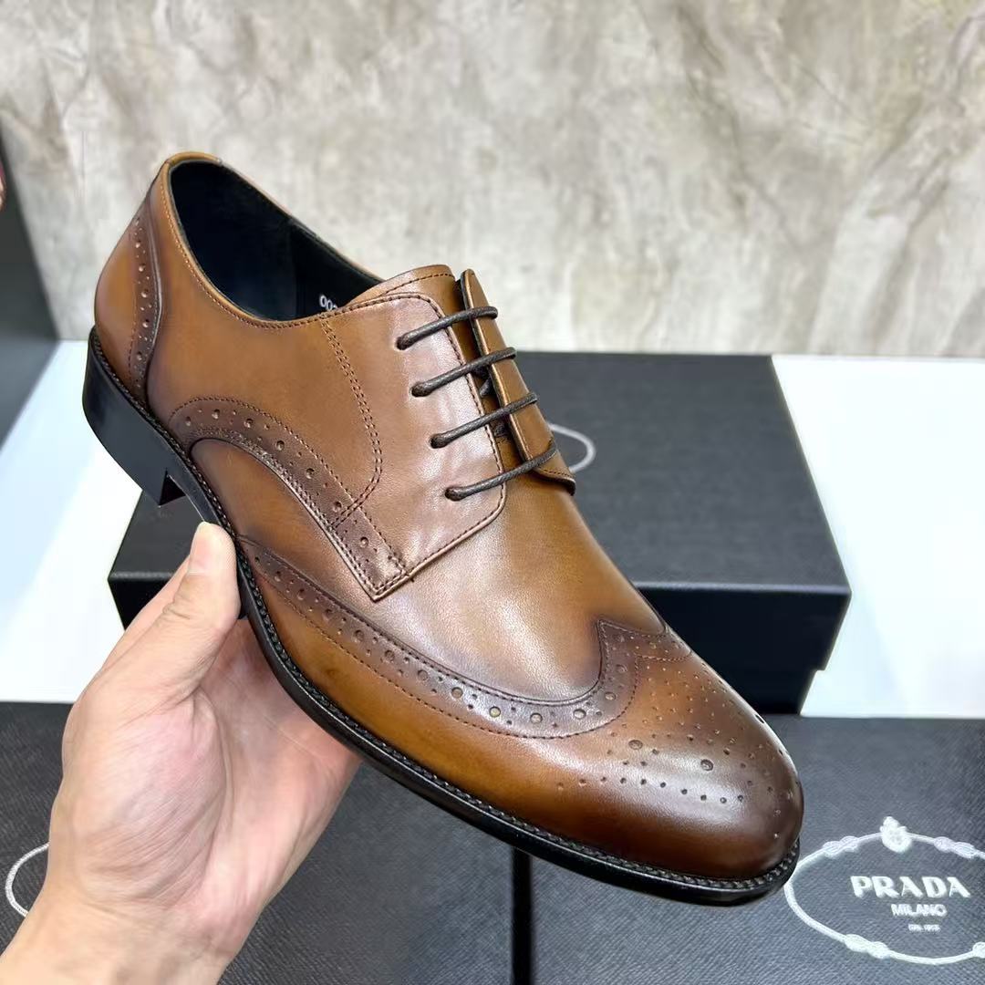 Prada 26s Wingtip Oxfords Men Loafer 2.5cm Brown Leather