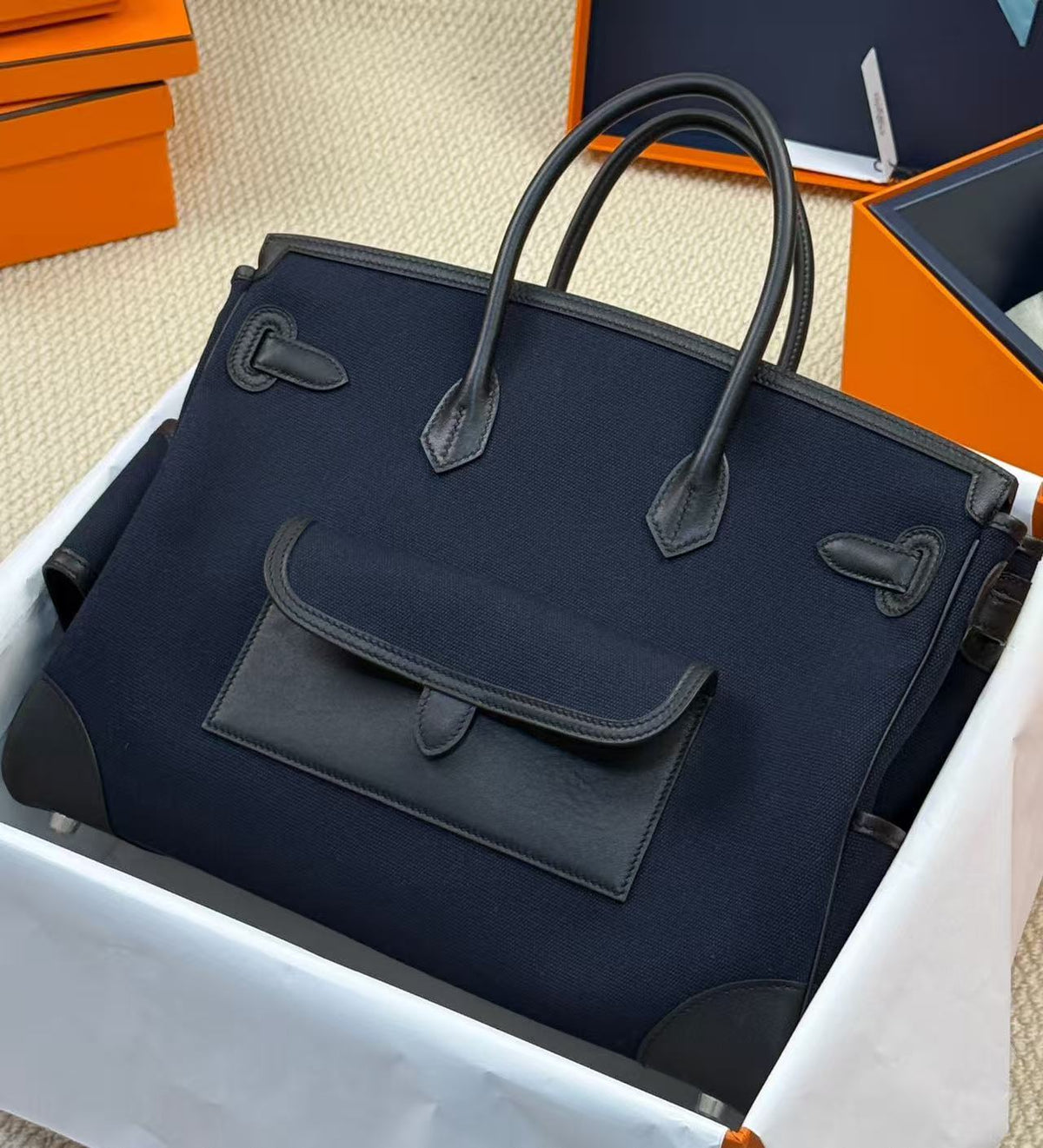 Hermes 26s Birkin Cargo 35 Bleu Marine Black Canvas