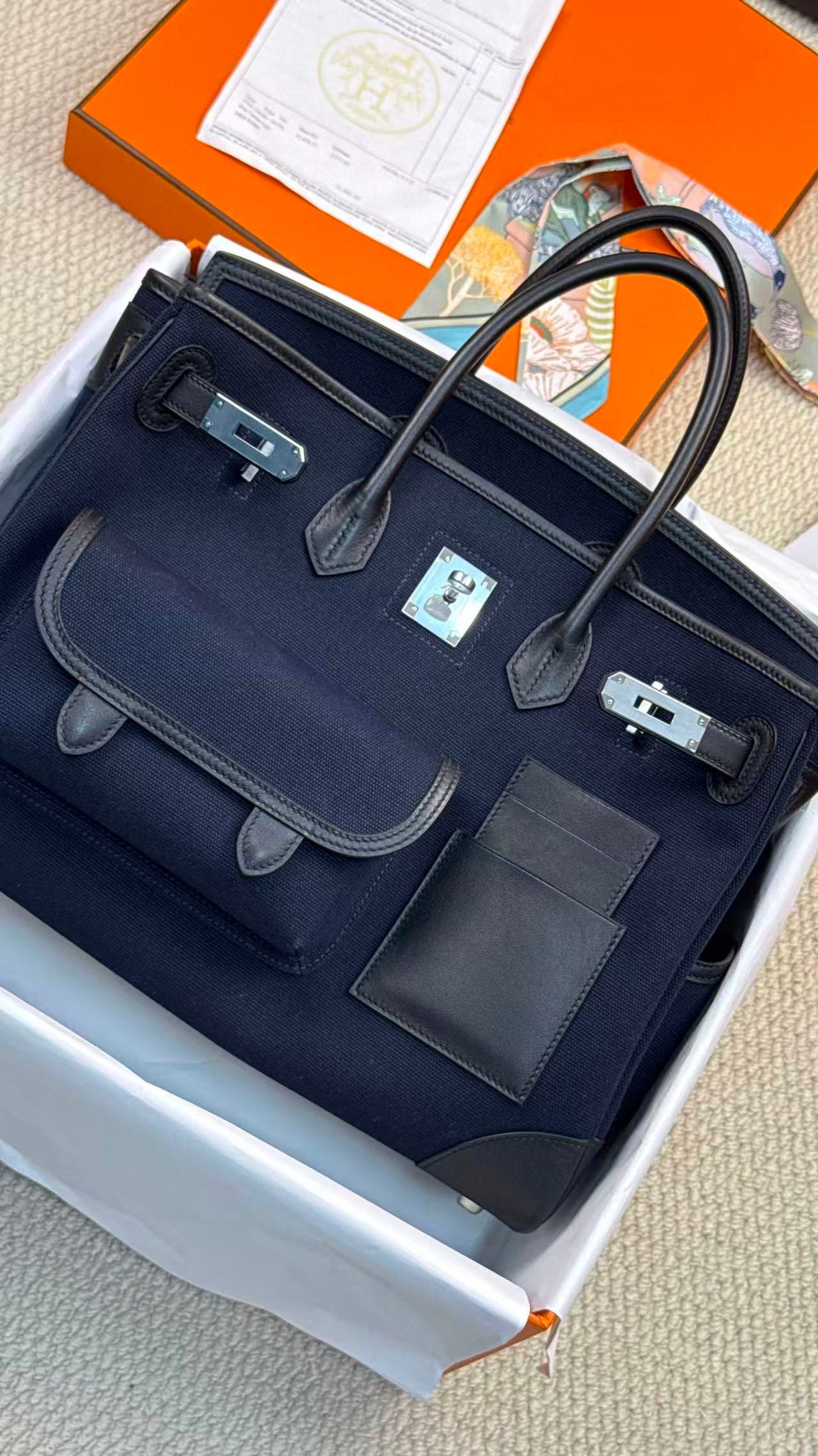 Hermes 26s Birkin Cargo 35 Bleu Marine Black Canvas