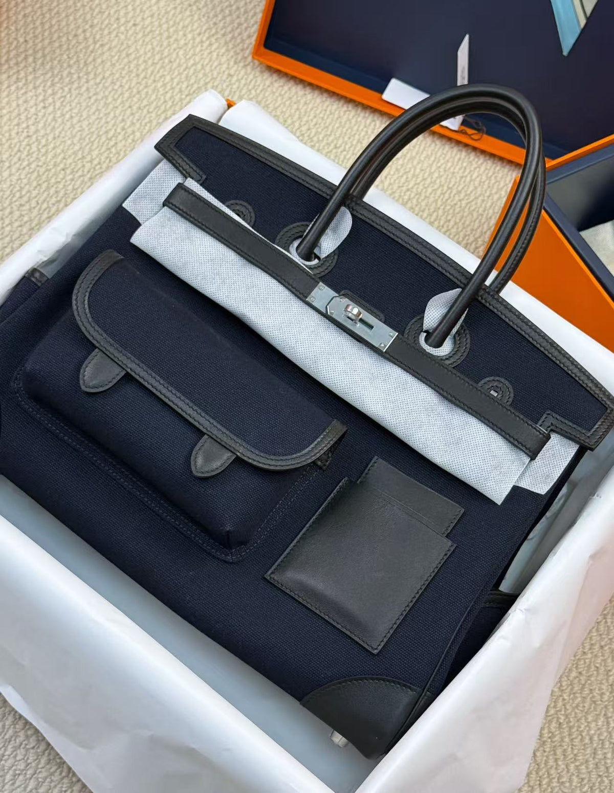 Hermes 26s Birkin Cargo 35 Bleu Marine Black Canvas