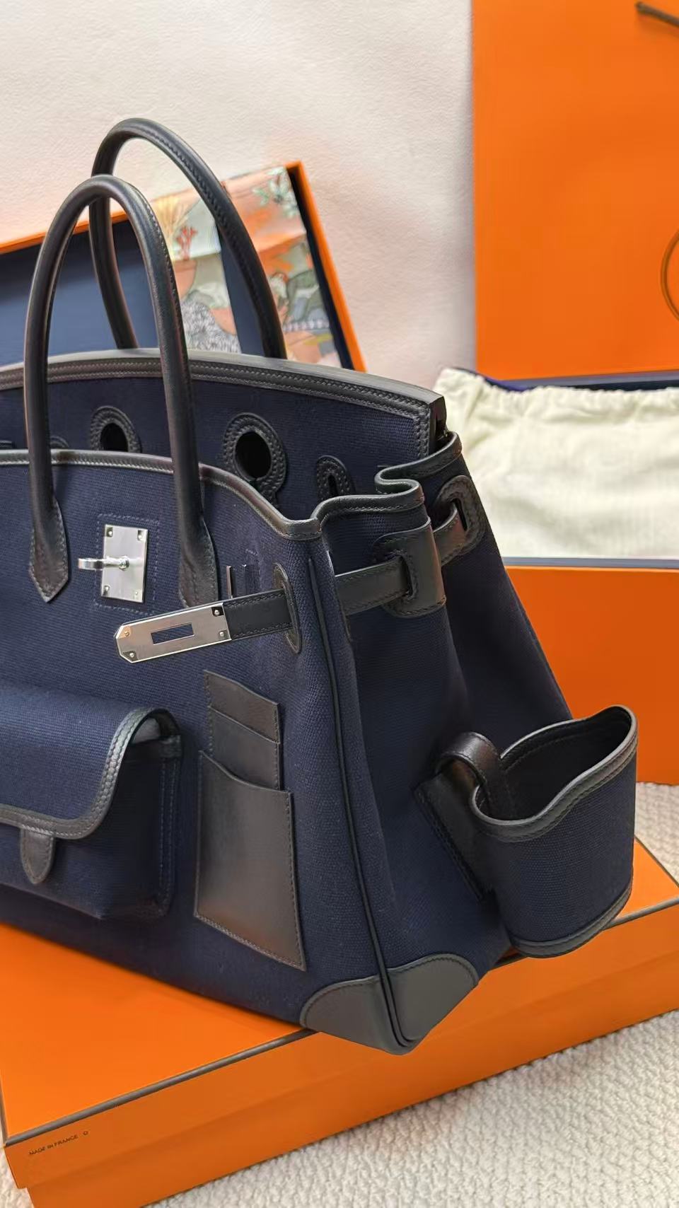 Hermes 26s Birkin Cargo 35 Bleu Marine Black Canvas