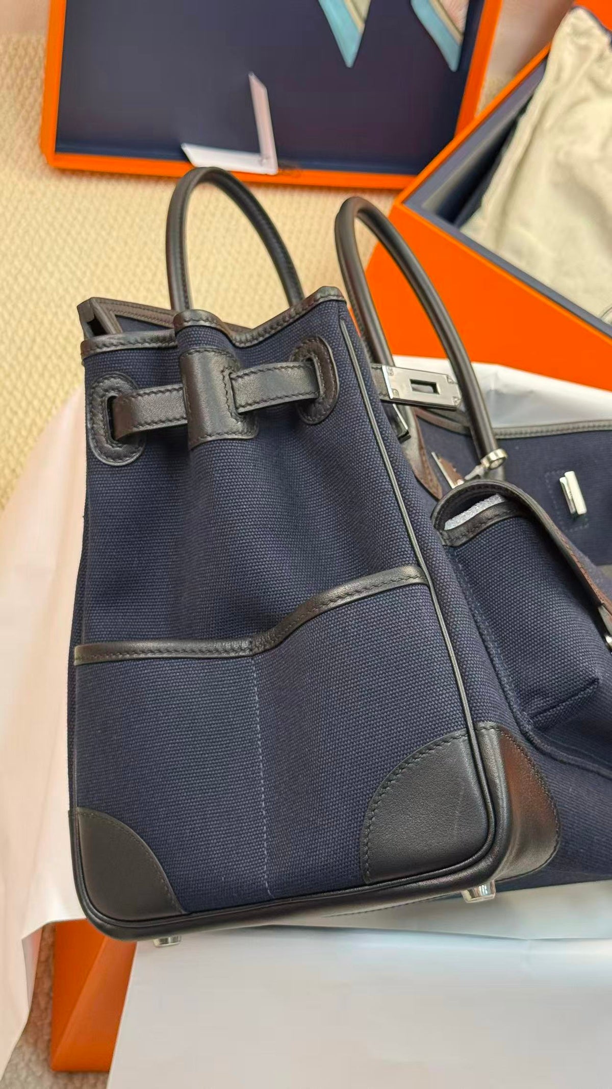 Hermes 26s Birkin Cargo 35 Bleu Marine Black Canvas