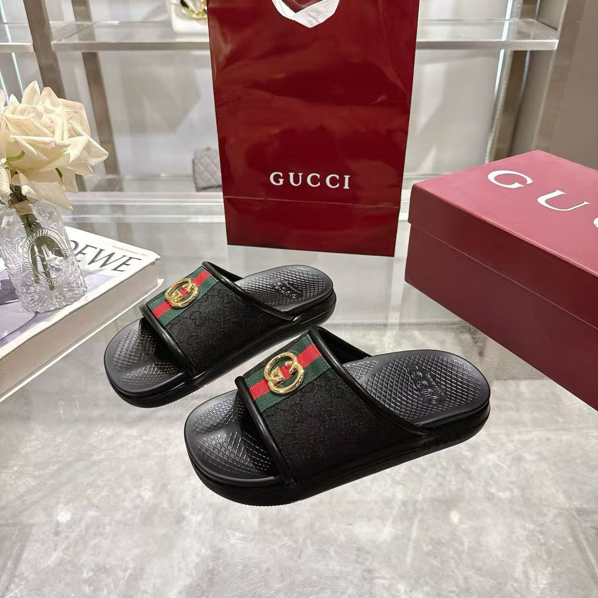 GG 26s Men Slides Interlocking G Slide Sandals Black Canvas Leather