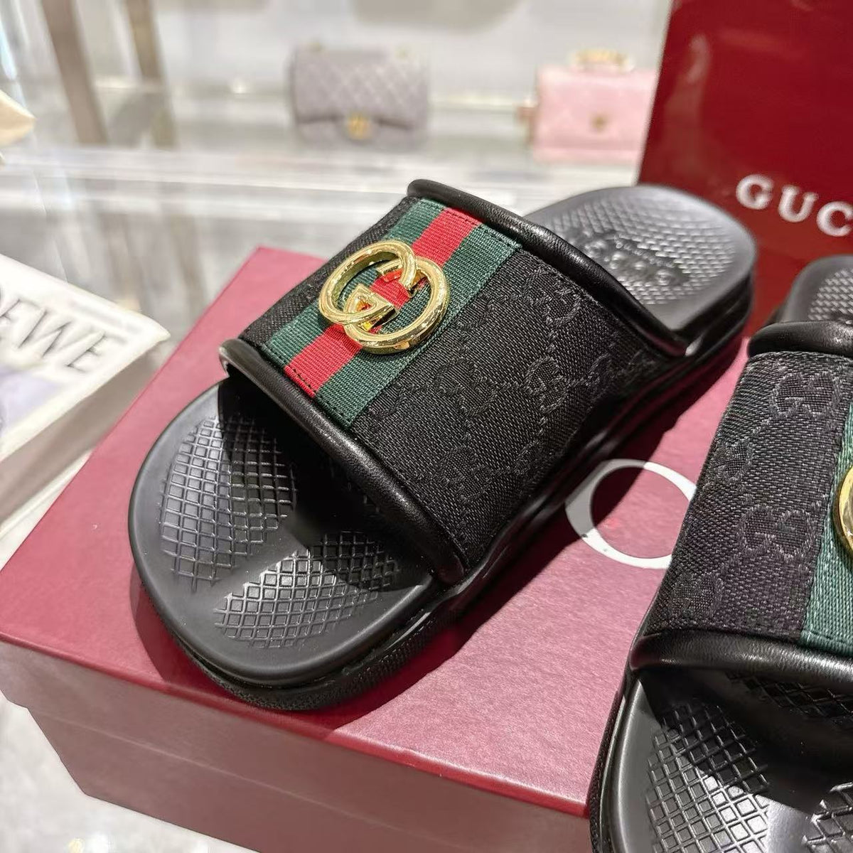 GG 26s Men Slides Interlocking G Slide Sandals Black Canvas Leather