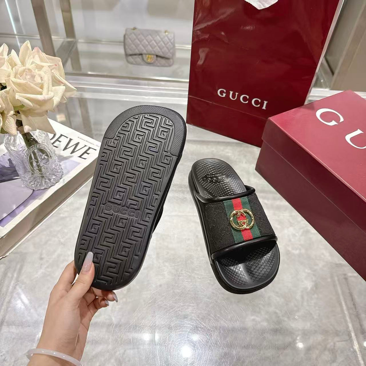 GG 26s Men Slides Interlocking G Slide Sandals Black Canvas Leather