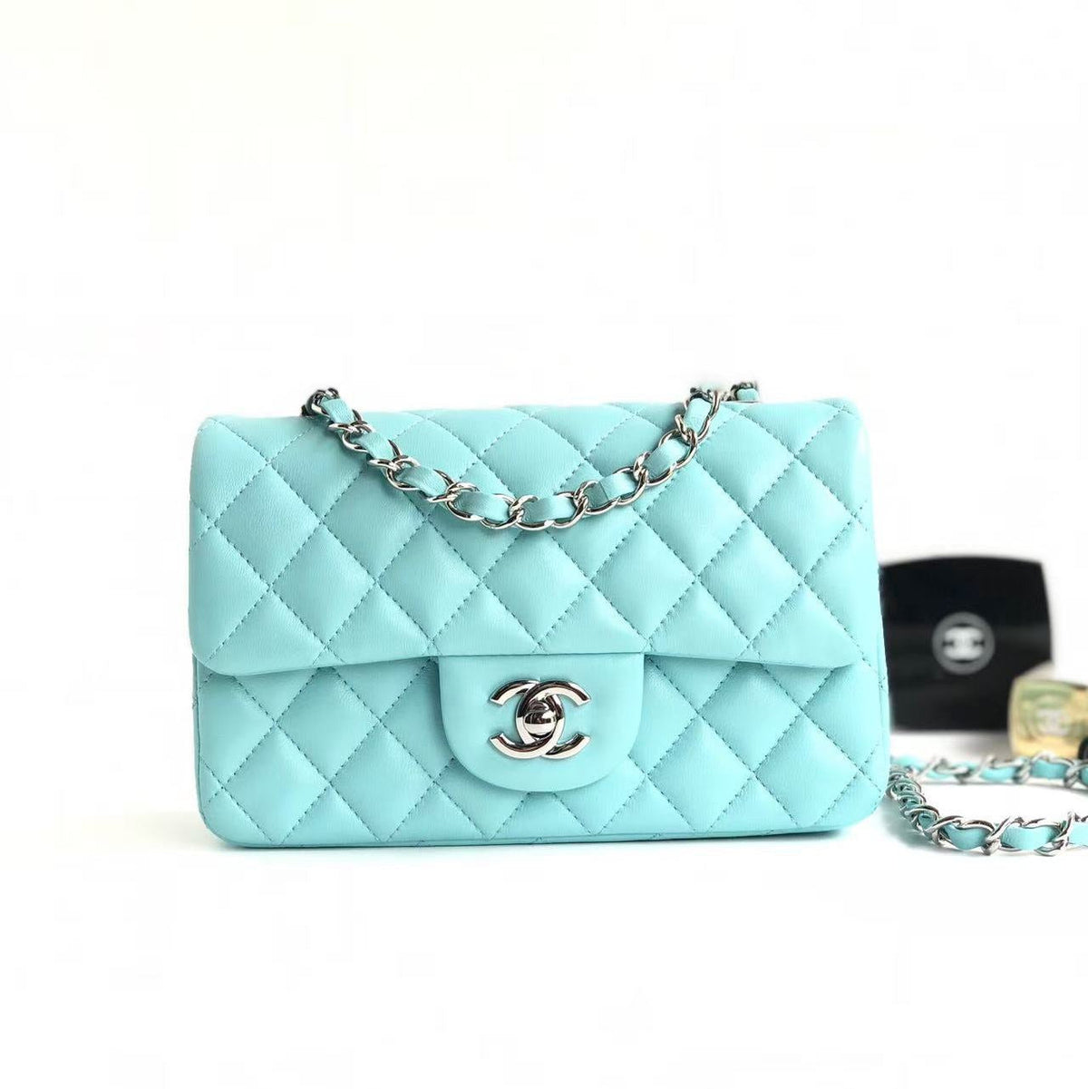 CC 26s Classic Flap Bag 20cm Light Tiffany Blue Silver Lambskin
