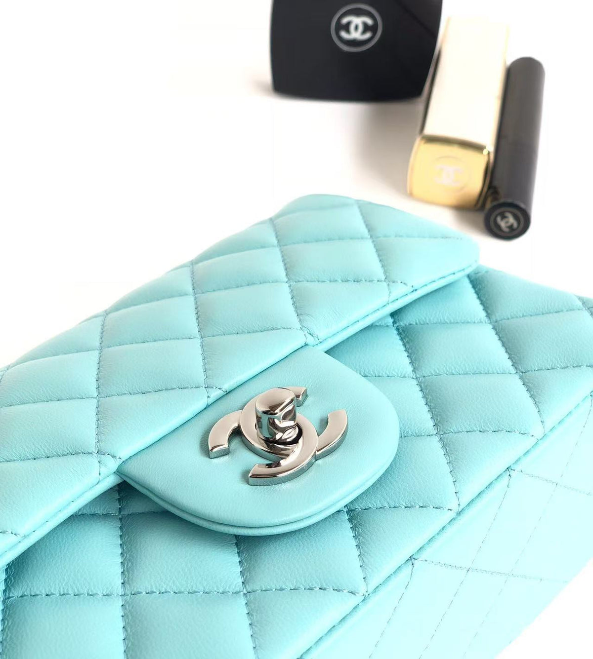 CC 26s Classic Flap Bag 20cm Light Tiffany Blue Silver Lambskin