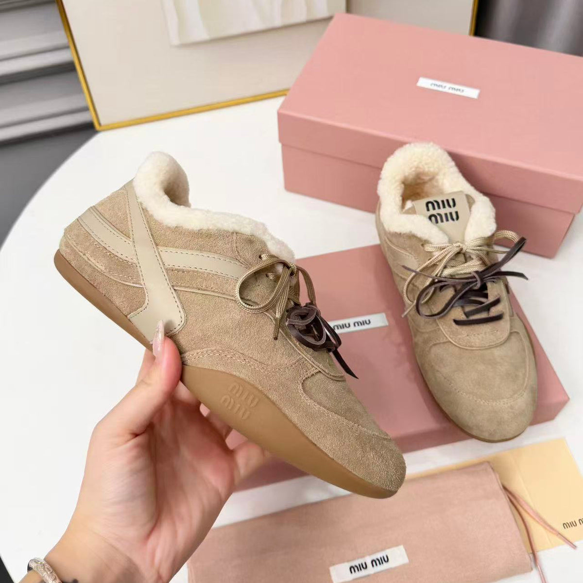 Miu Miu 2026 Gymnasium Sneakers Suede Shearling Leather