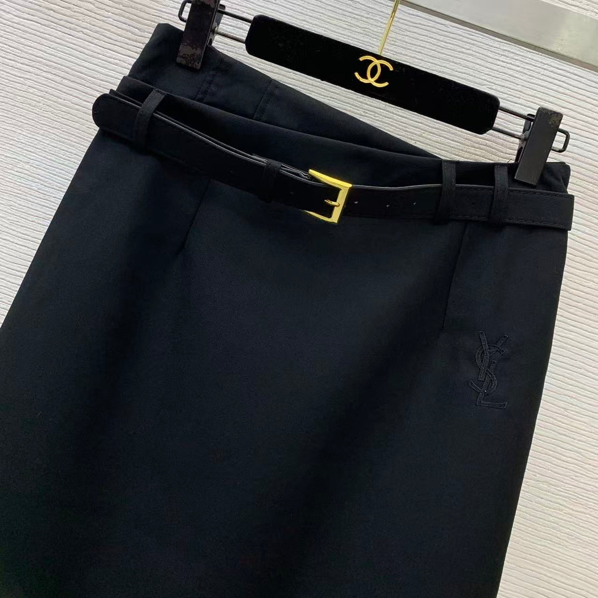 YSL 26s Belted Midi Skirt Black Cotton 50672