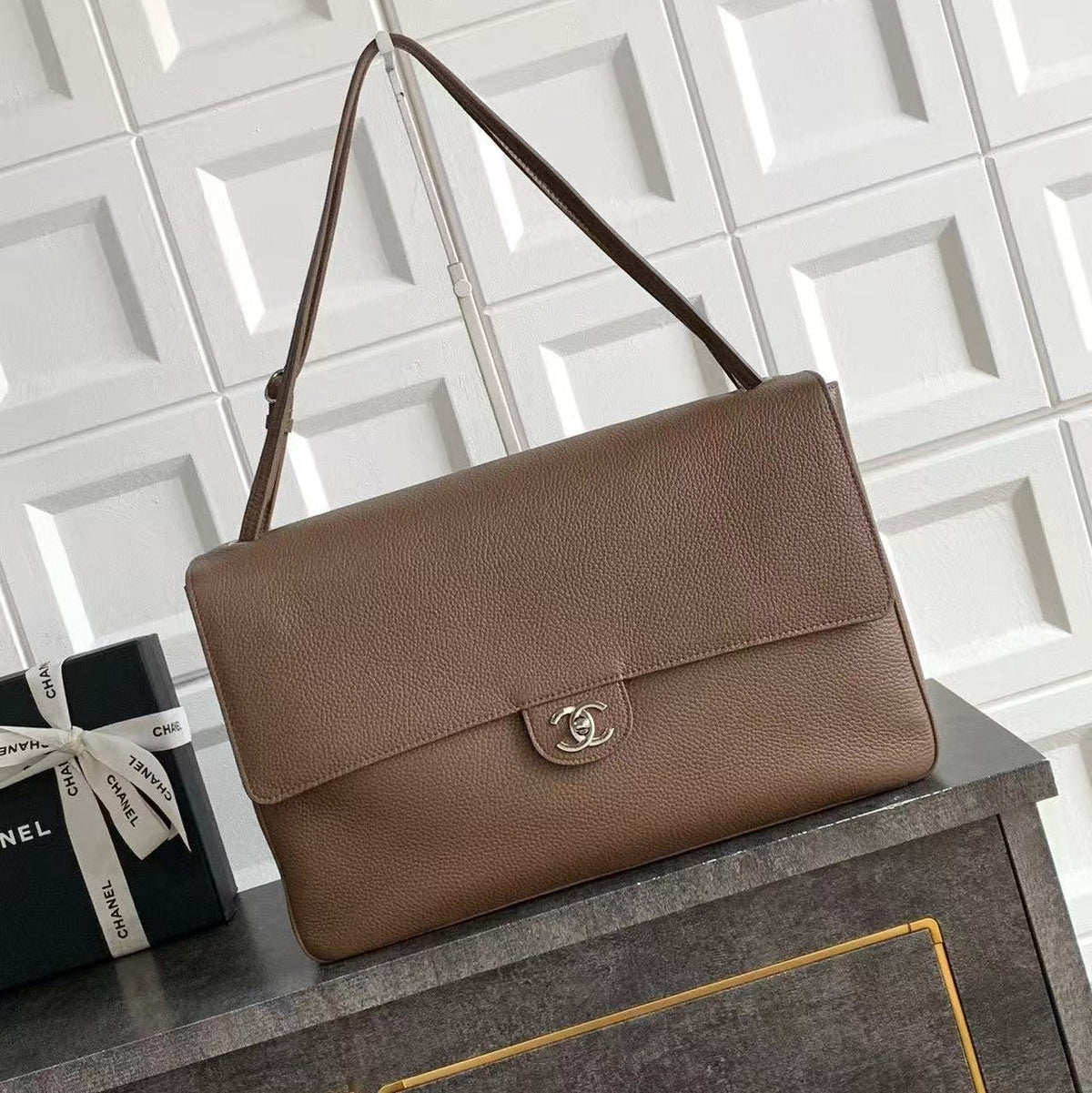Chanel 2026 Maxi Flap Bag 38.5cm Taupe Calfskin Best Version