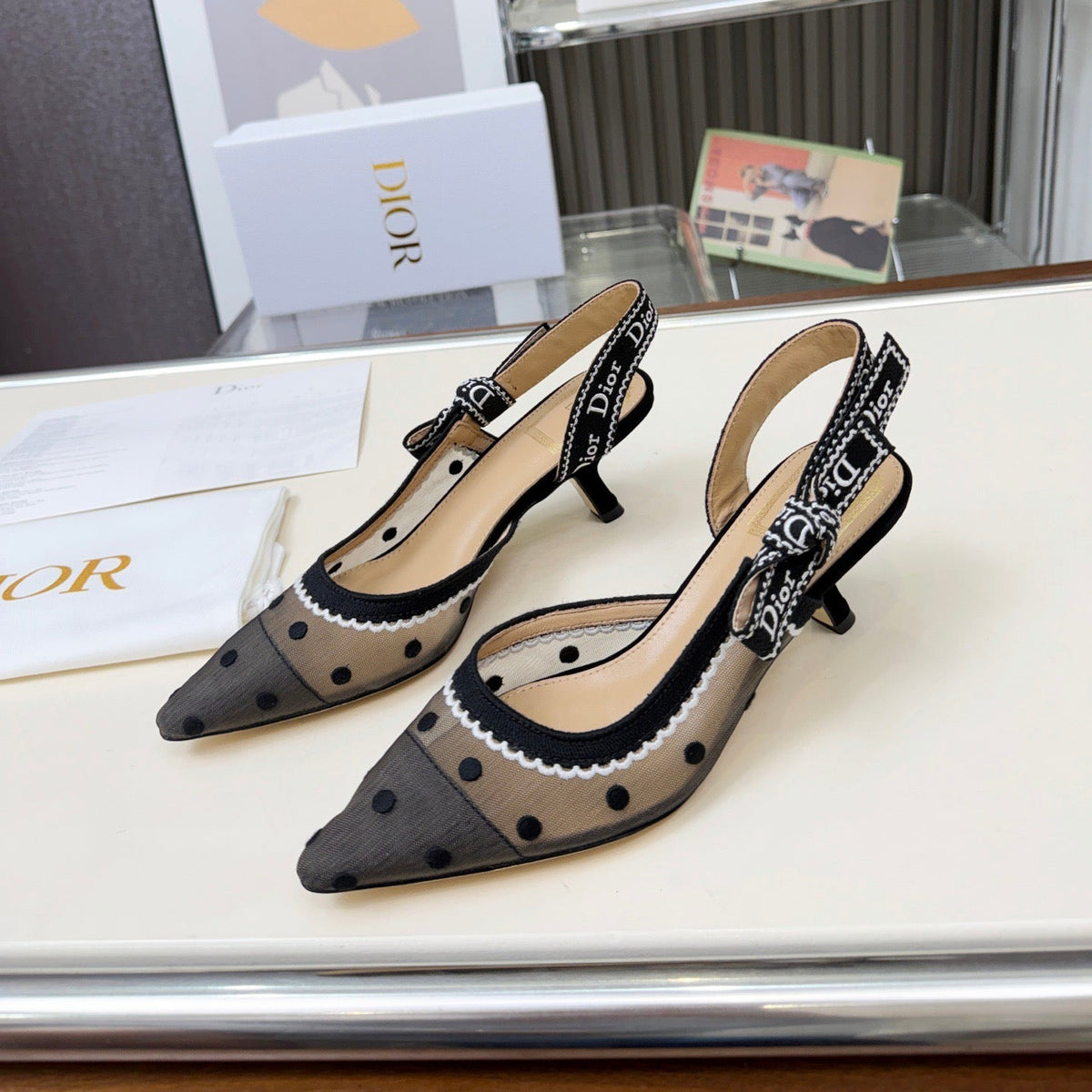 CD 26s J'Adior Slingbacks 6.5cm Black Polka Dot Mesh 996777