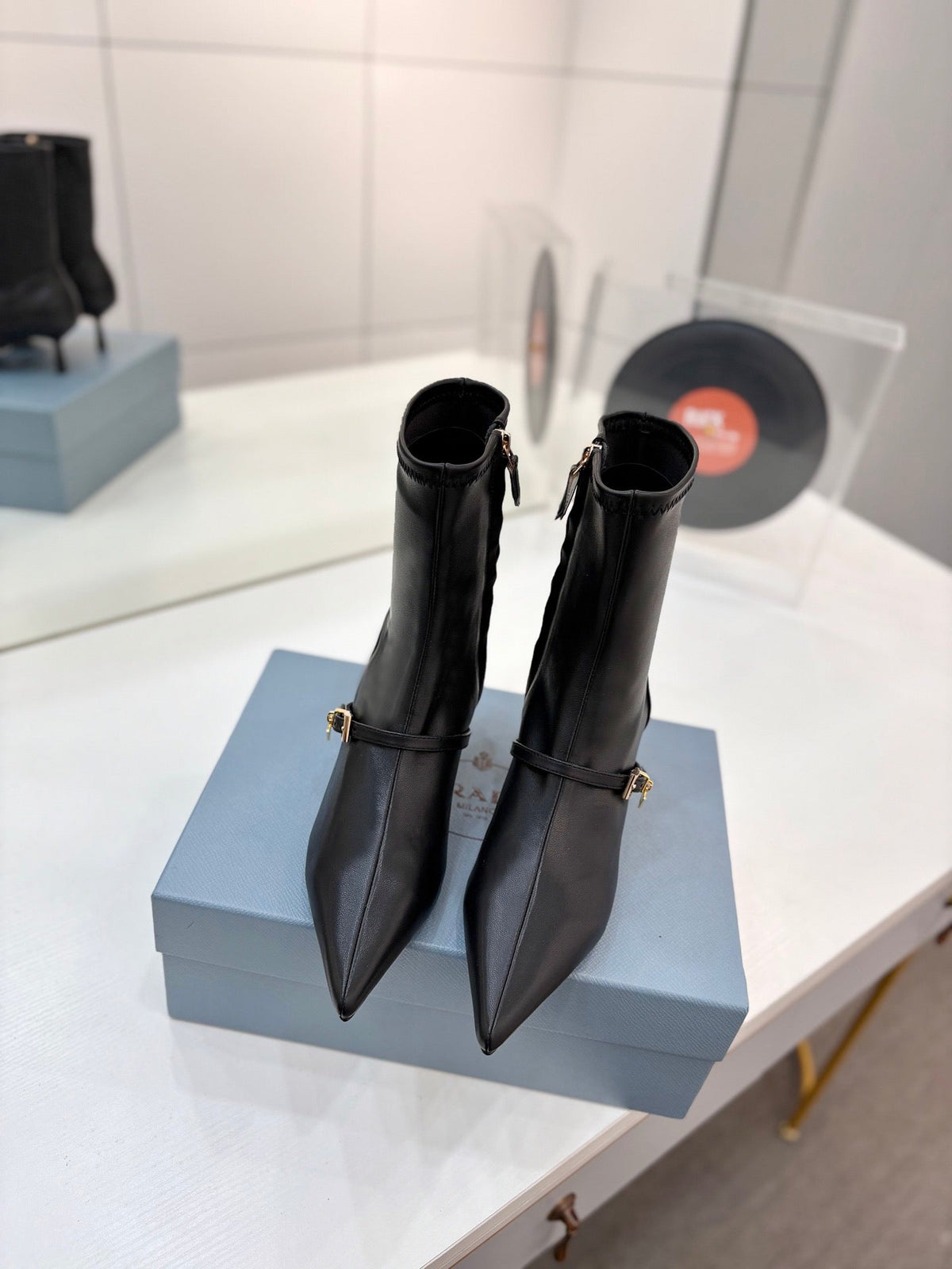Prada Pointed-Toe Kitten-Heel Boots Brown Leather 158588