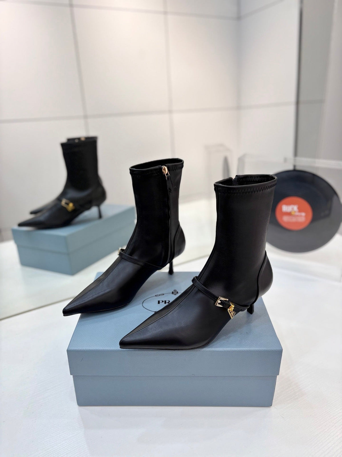 Prada 26s Ankle Boots 5.5cm Black Stretch Nappa Enameled Triangle Logo Leather