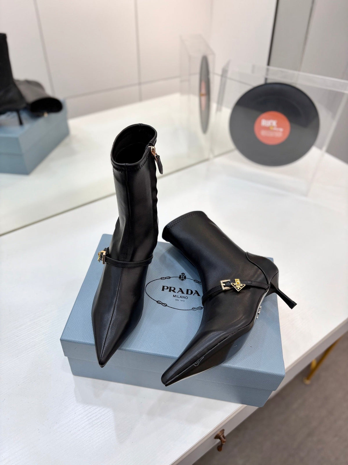 Prada 26s Ankle Boots 5.5cm Black Stretch Nappa Enameled Triangle Logo Leather