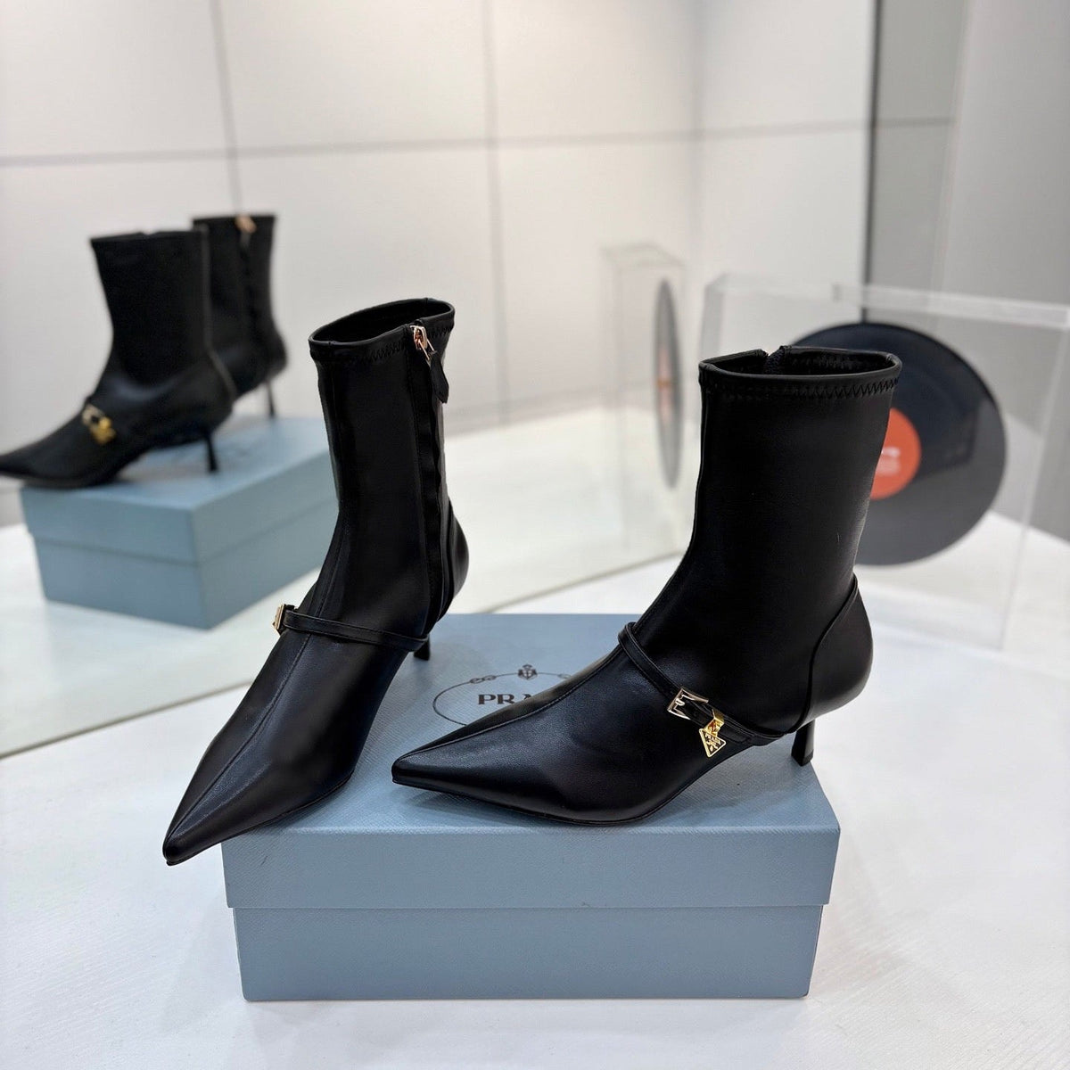 Prada Pointed-Toe Kitten-Heel Boots Brown Leather 158588