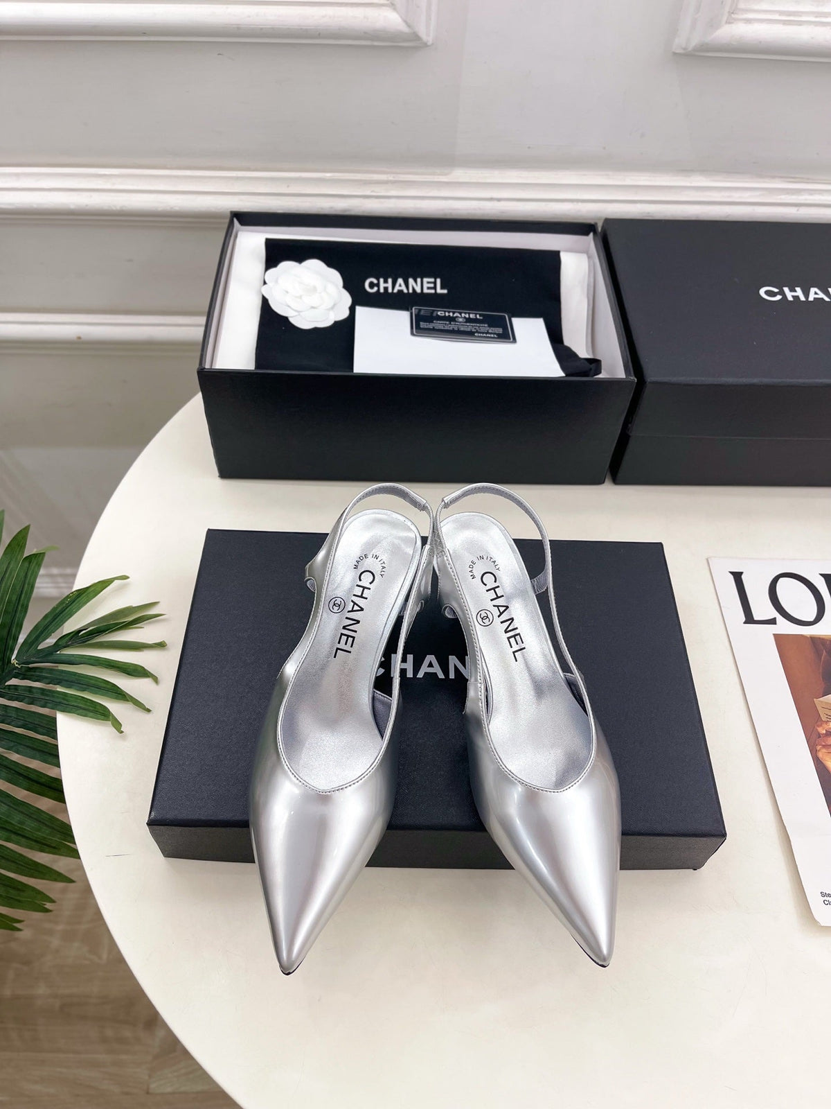 Chanel 26s Pointed Toe High Heels 55 Mm In Metallic Silver Lambskin