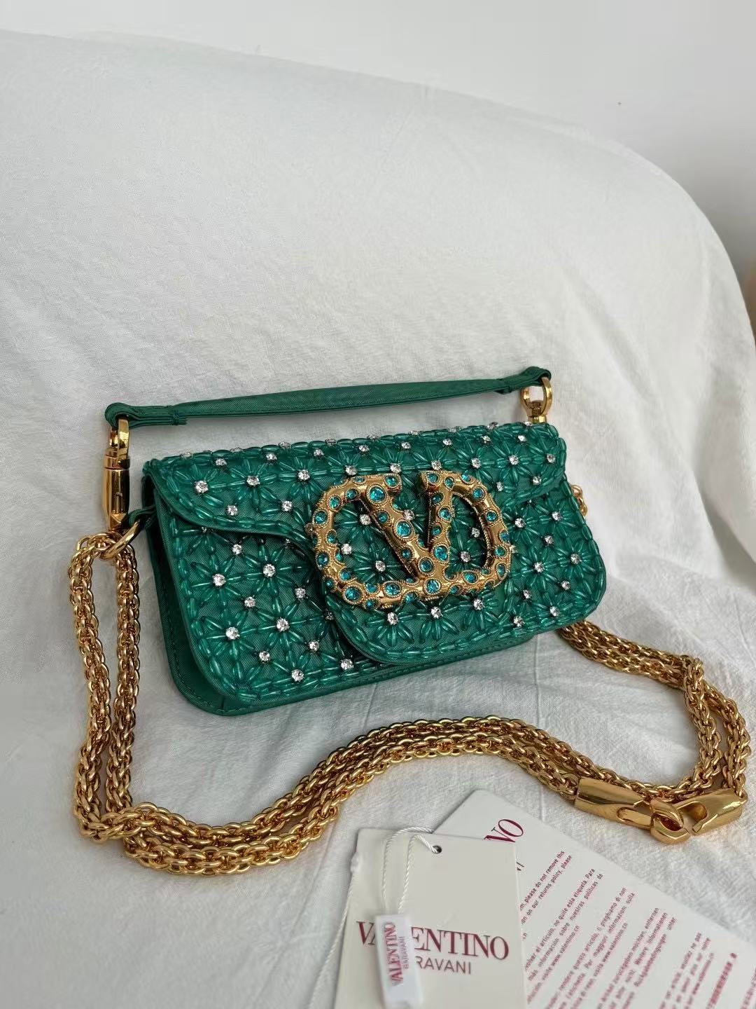 VLTN Locò Shoulder Bag Emerald Green Embroidered Satin