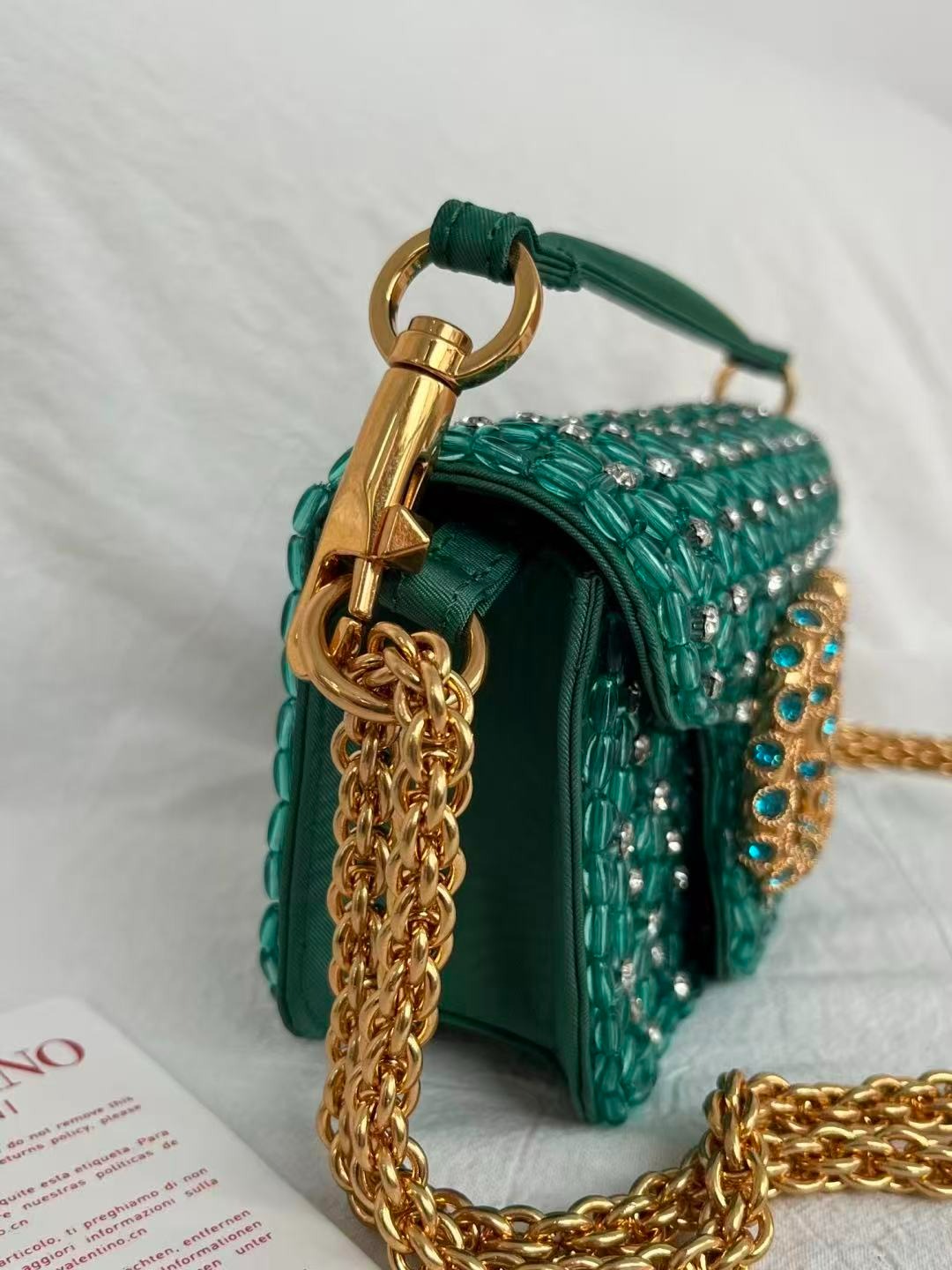 VLTN Locò Shoulder Bag Emerald Green Embroidered Satin