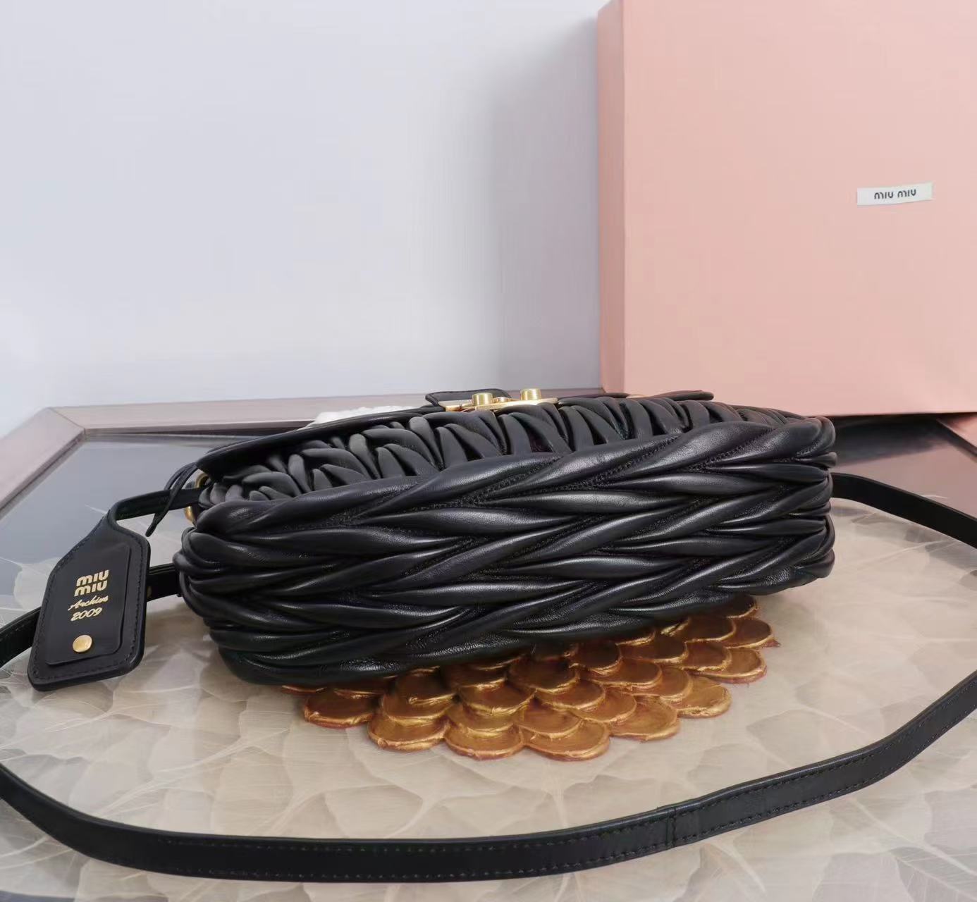 Miu Coffer Bag Black Matelassé Leather