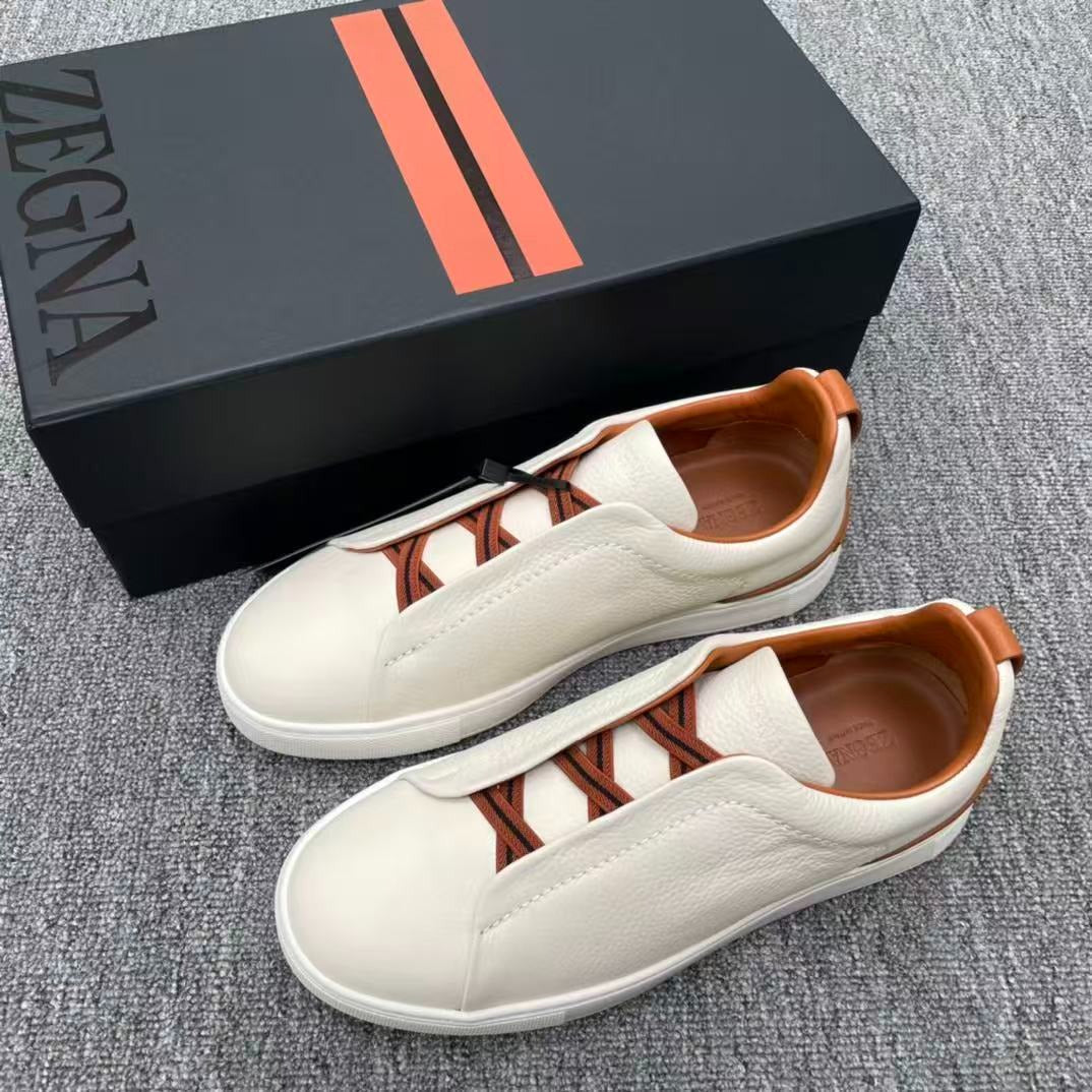 Zegna Triple Stitch Sneakers White Off-White Grained Leather
