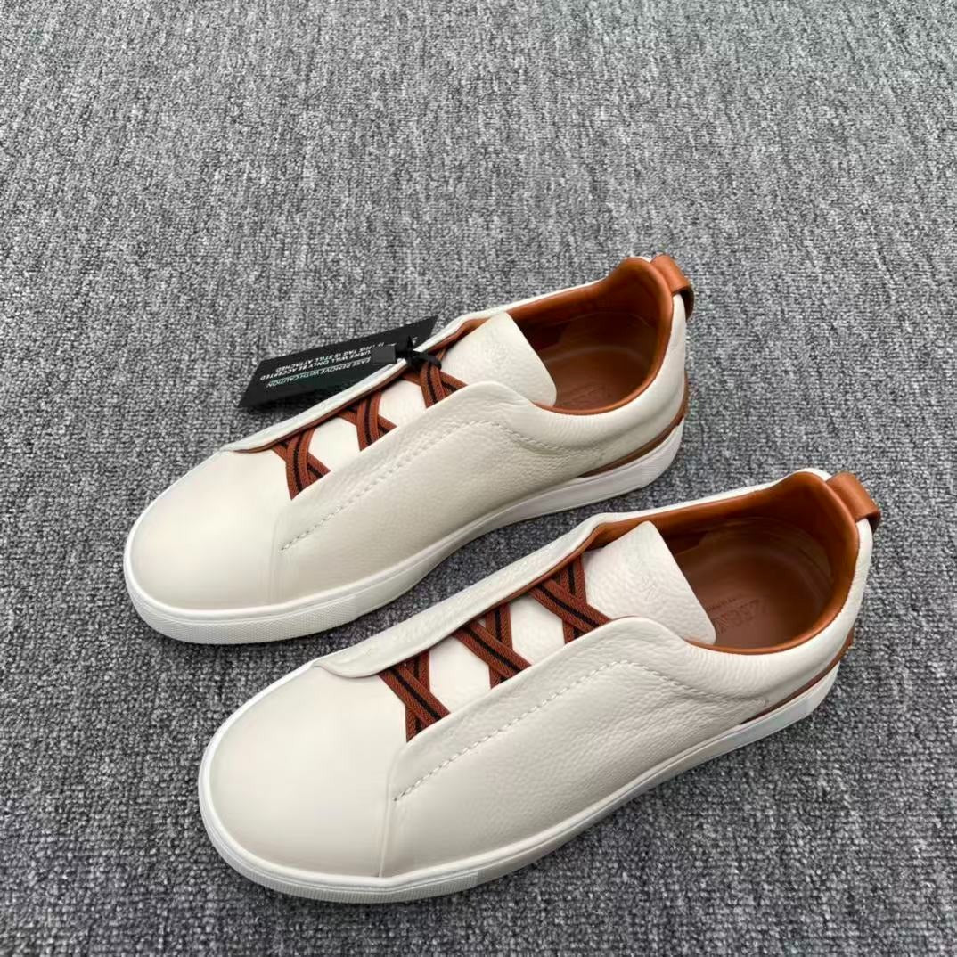 Zegna Triple Stitch Sneakers White Off-White Grained Leather