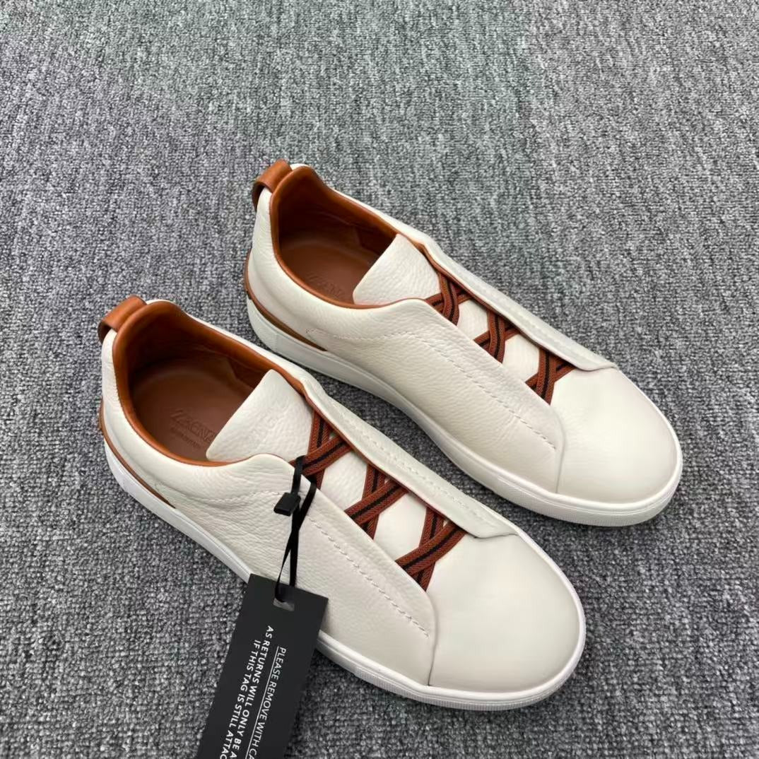 Zegna Triple Stitch Sneakers White Off-White Grained Leather