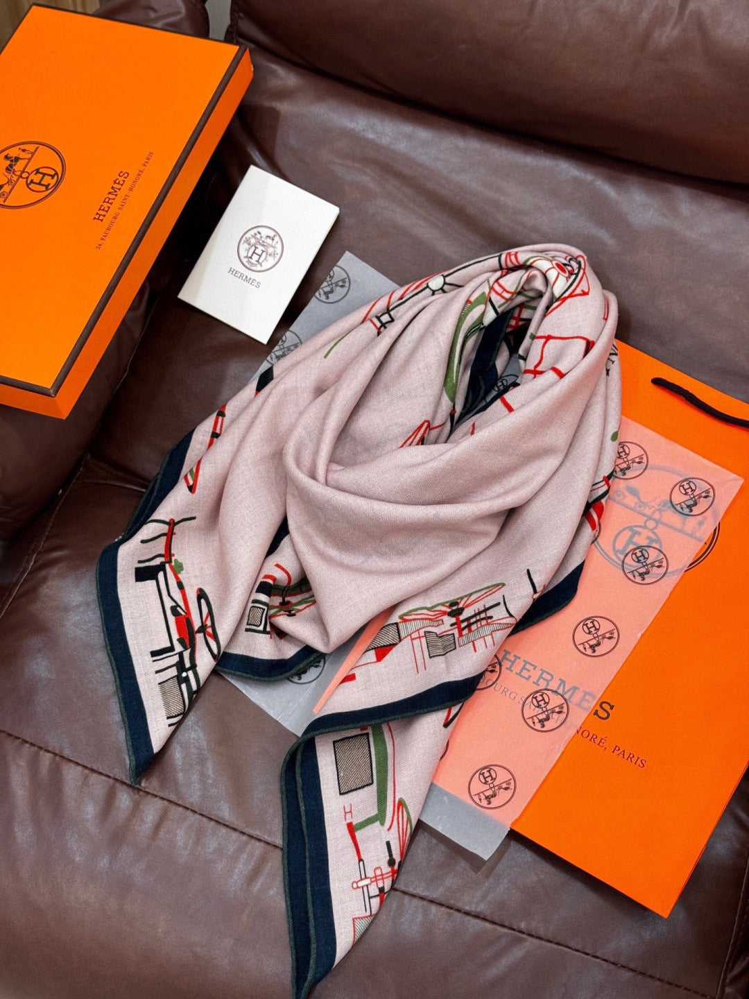 Hermès 2026 Complication Equestre Scarf 140cm Kaki Silk and Cashmere 218147