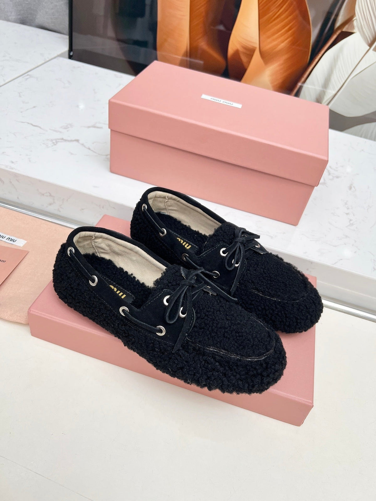Miumiu 26s Boat Loafers Black Shearling