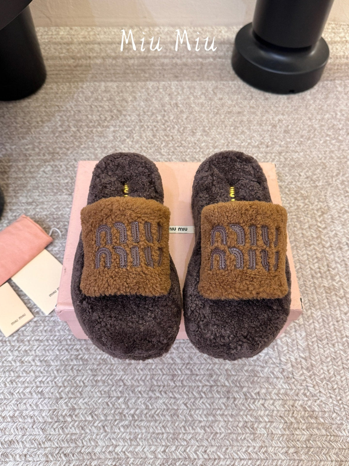Miumiu 26s Platform Slides Dark Brown Shearling